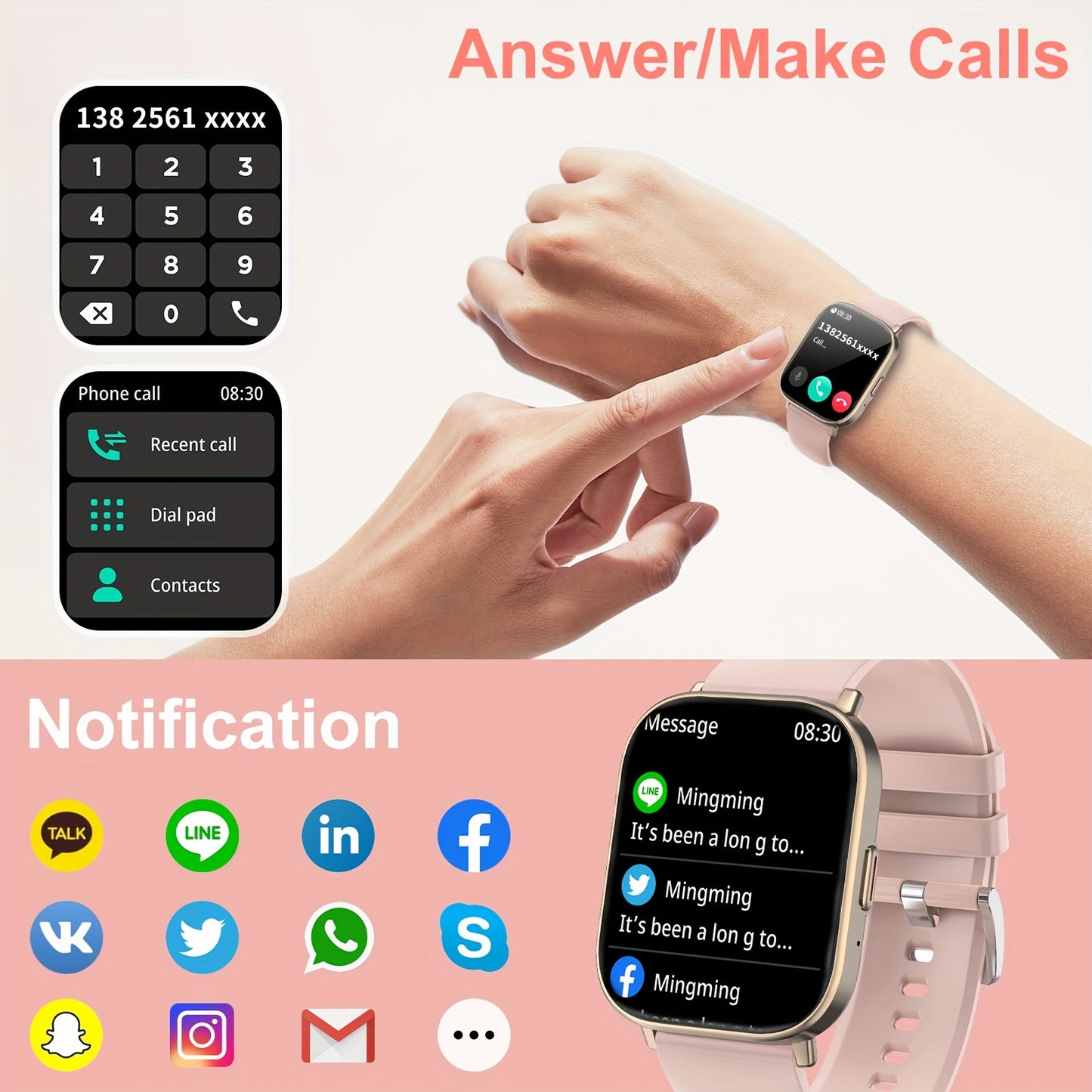 Montre intelligente étanche avec écran tactile complet de 2,01 pouces, notifications de messages, appels, suivi du sommeil, podomètre, rappels d’informations et rappels de sédentarité, compatible avec iPhone/Android, montre connectée pour femmes et hommes