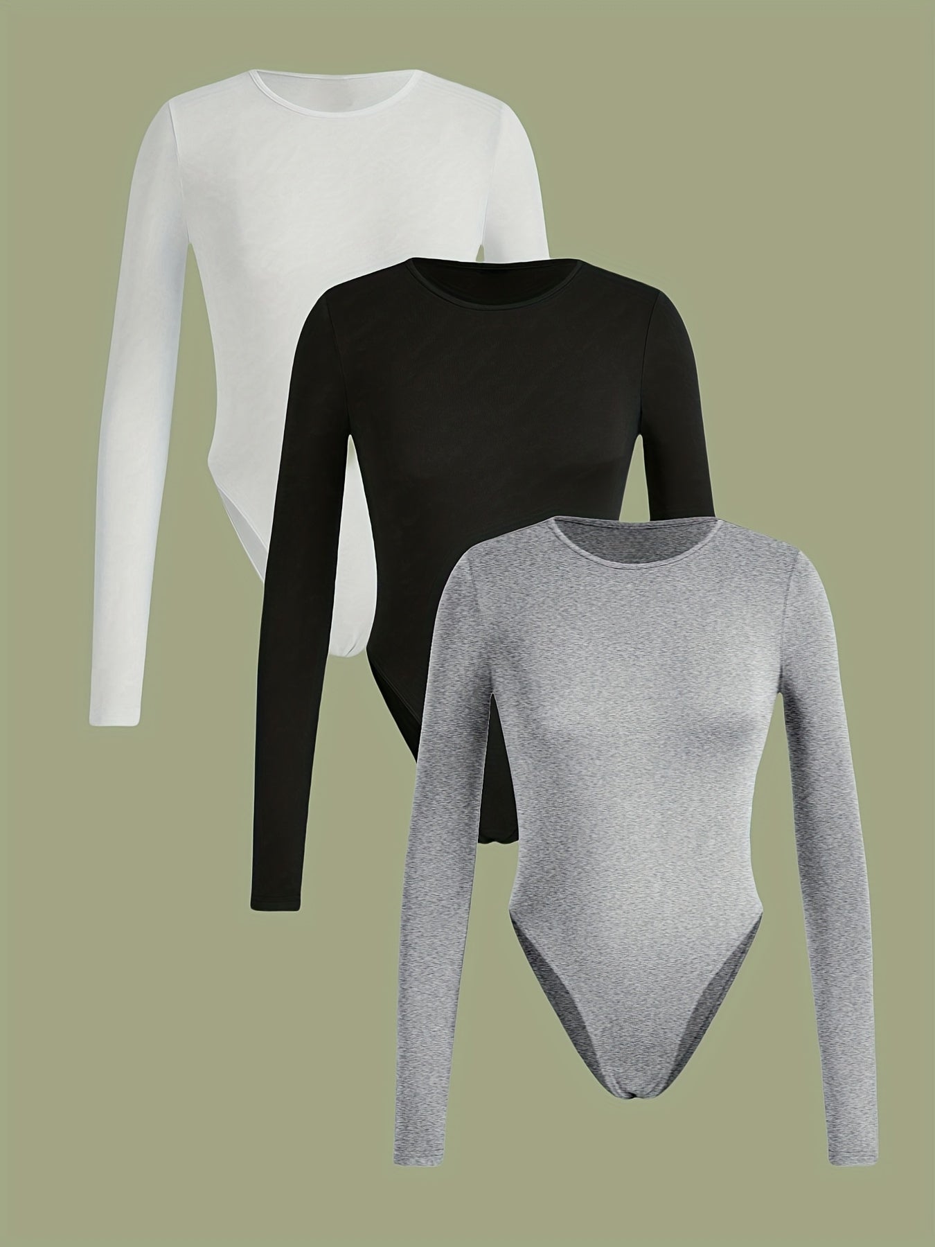 Lot de 3 bodys femme à manches longues, coupe slim, col rond, couleur unie (blanc, noir, gris), confortables et élégants, style décontracté pour toutes saisons
