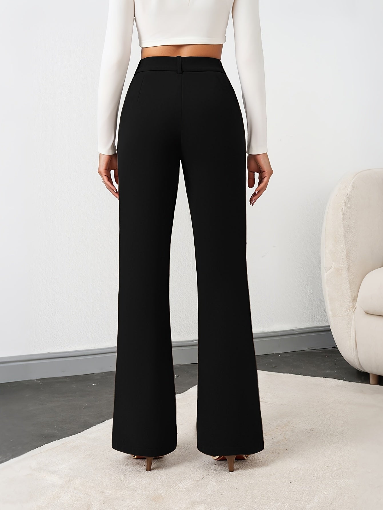 Pantalon Femme Extensible Noir – Costume, Résistant aux Plis, Taille Élastique avec Poches, Cheville Fendue, Boutons, Bureau et Décontracté, Printemps/Été/Automne