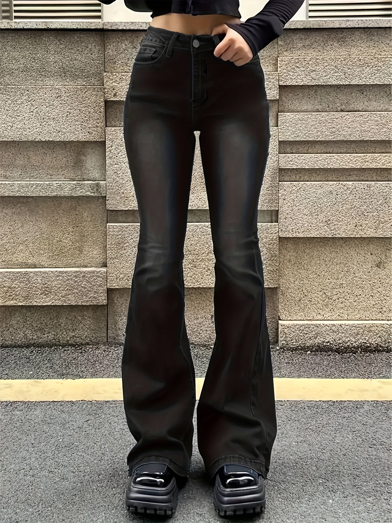 Jeans Femme Évasé Extensible Noir Slim Poches Obliques Bell-Bottom Décontracté Confortable Lavable