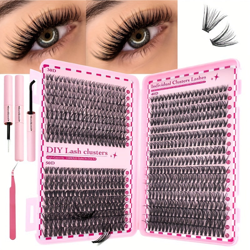 Kit d’Extensions de Cils en Paquets – C Curl, Cils Naturels Épais et Fluffy, Kit Complet avec Brosse à Cils, Colle et Scellant, Pince et Liquide, Longueurs 9-16 mm, Épaisseurs 30D/40D/50D, Parfait pour Usage Quotidien à la Maison