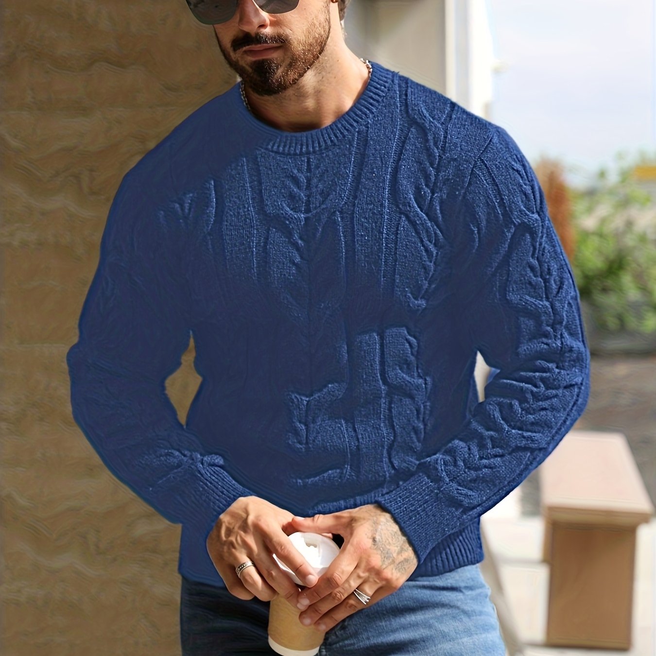 Men's Casual Striped Pullover Sweater - Soft Stretch Knit Crewneck Long Sleeve, Machine Washable H-Fit Ribbed Trim for Autumn Winter, Medium Elasticity Fabric