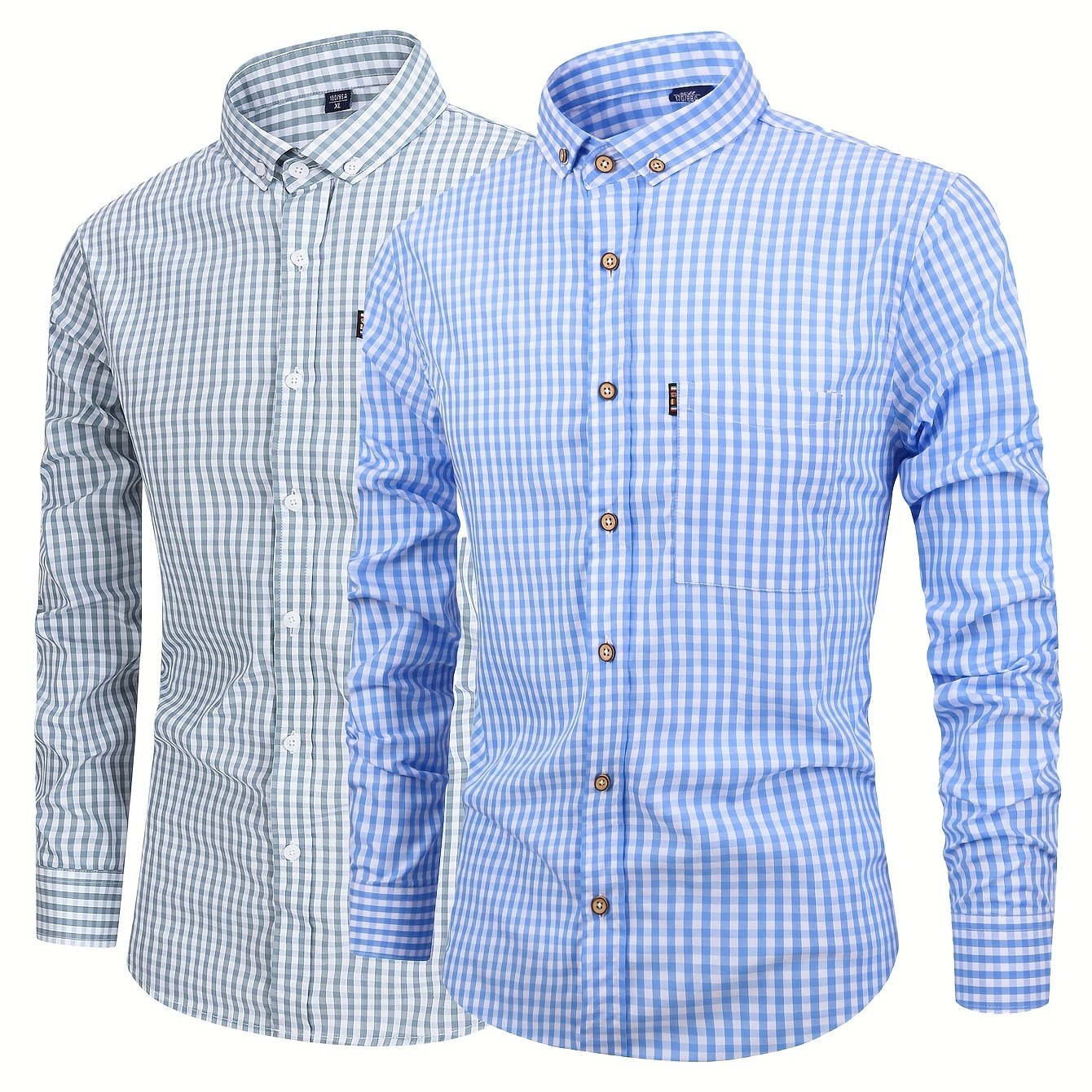 Men's cotton plaid casual long sleeve shirt; 2pcs