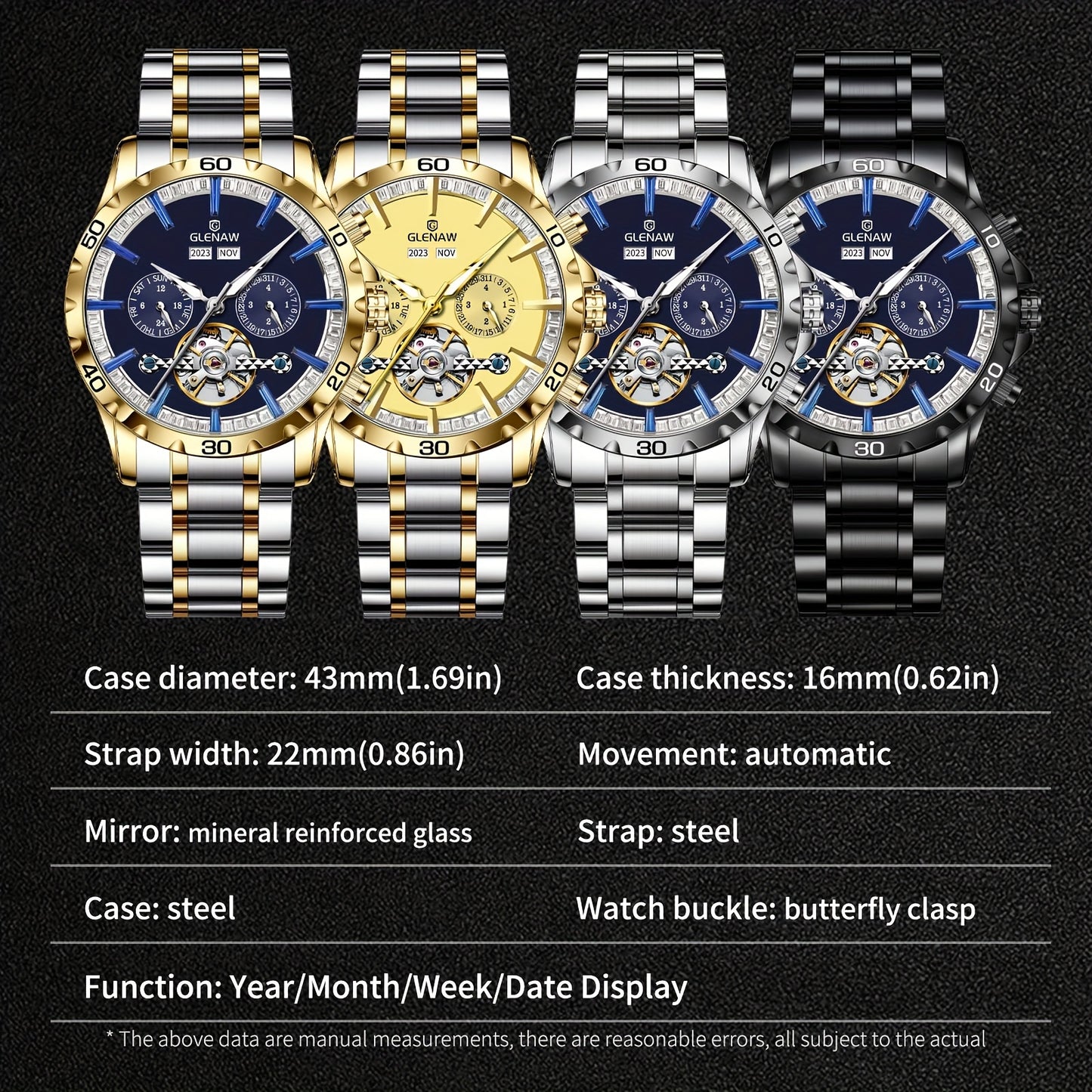 GLENAW Men's Automatic Mechanical Watch - Luxury Blue Dial with Golden accents, Date Display, Elegant Watch for Formal & Casual Attire - Ideal Gift for Men, Stylish Wristwatch, Sophisticated Timepiece, Highend Craftsmanship