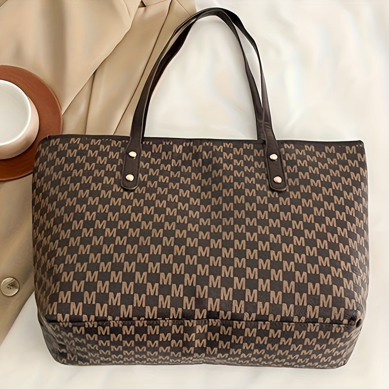 Sac à Main Femme Élégant– Sac Cabas avec Bandoulière Chaîne Dorée et Logo « M », Cuir Synthétique, Motif Pied-de-Poule en Marron Clair/Blanc/Noir, Fermeture Éclair, Doublure en Polyester