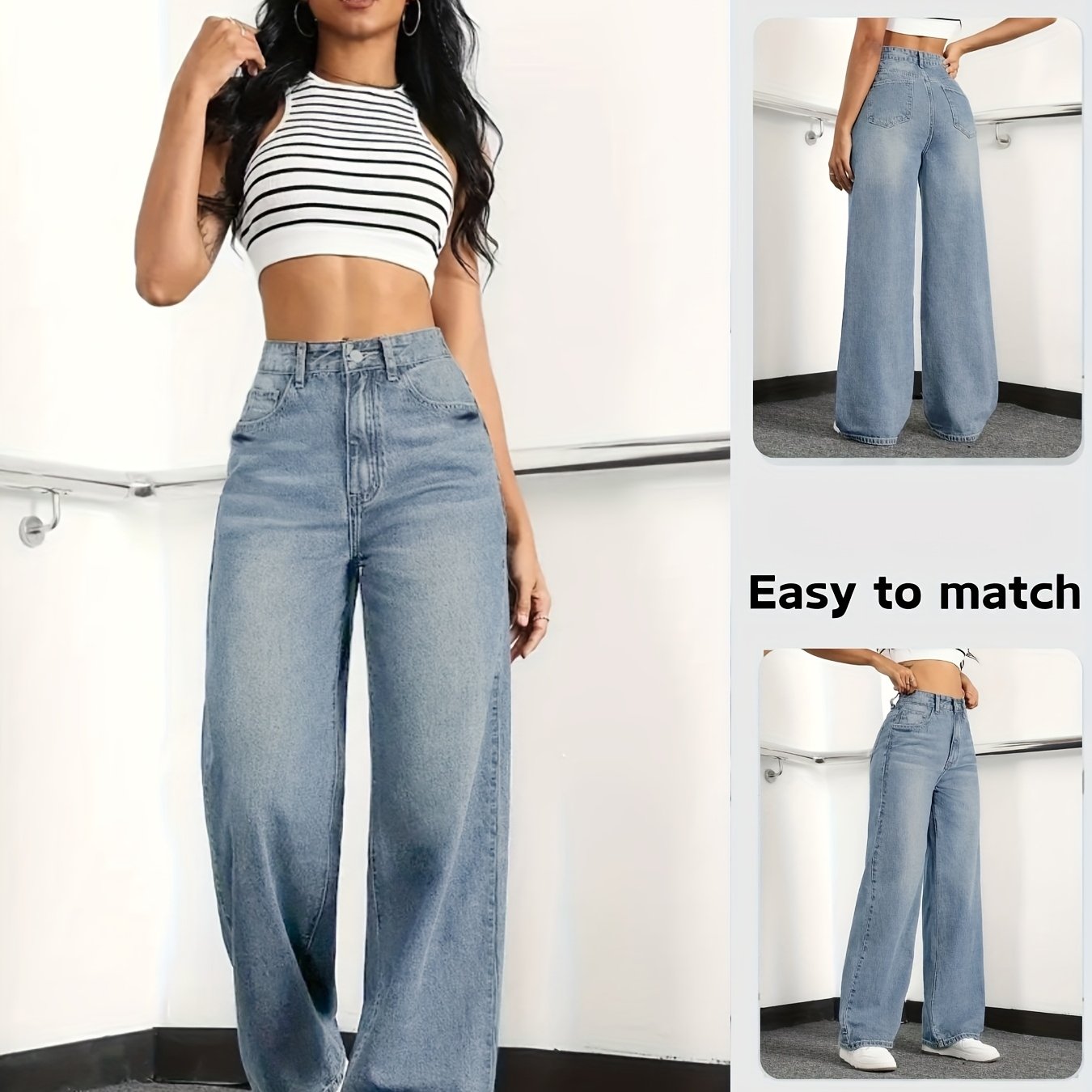 Jeans Femme Taille Haute Coupe Droite – Bleu Clair, Confortable, Style Décontracté Élégant, Toutes Saisons