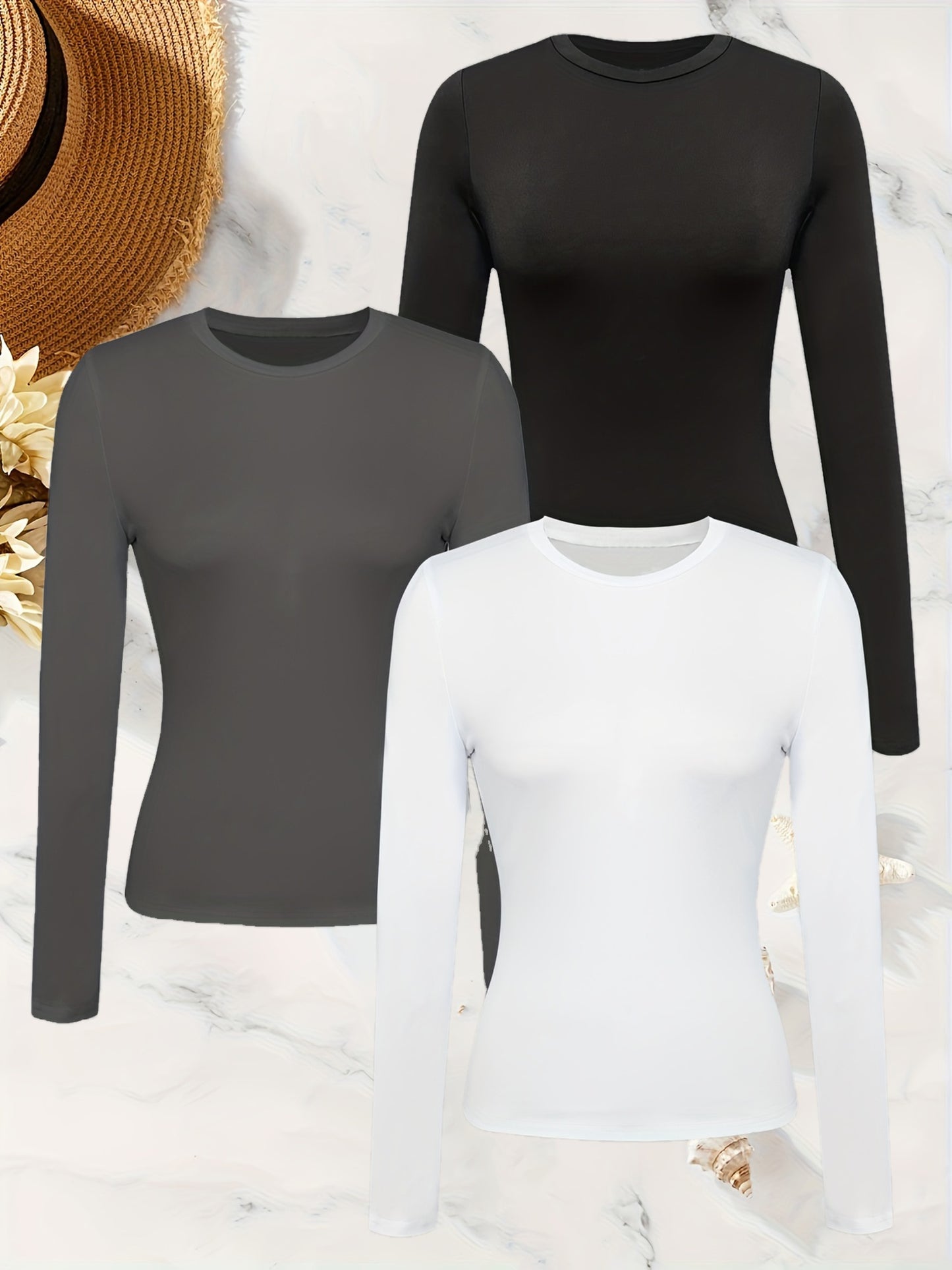 Lot de 3 T-Shirts Manches Longues Femme Couleur Unie