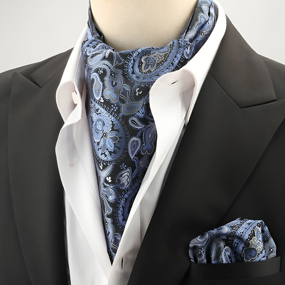 2pcs Ascot Homme – Écharpe et Pochette Style Rétro Britannique pour Mariages et Événements, Motifs Pois/Paisley/Fleur