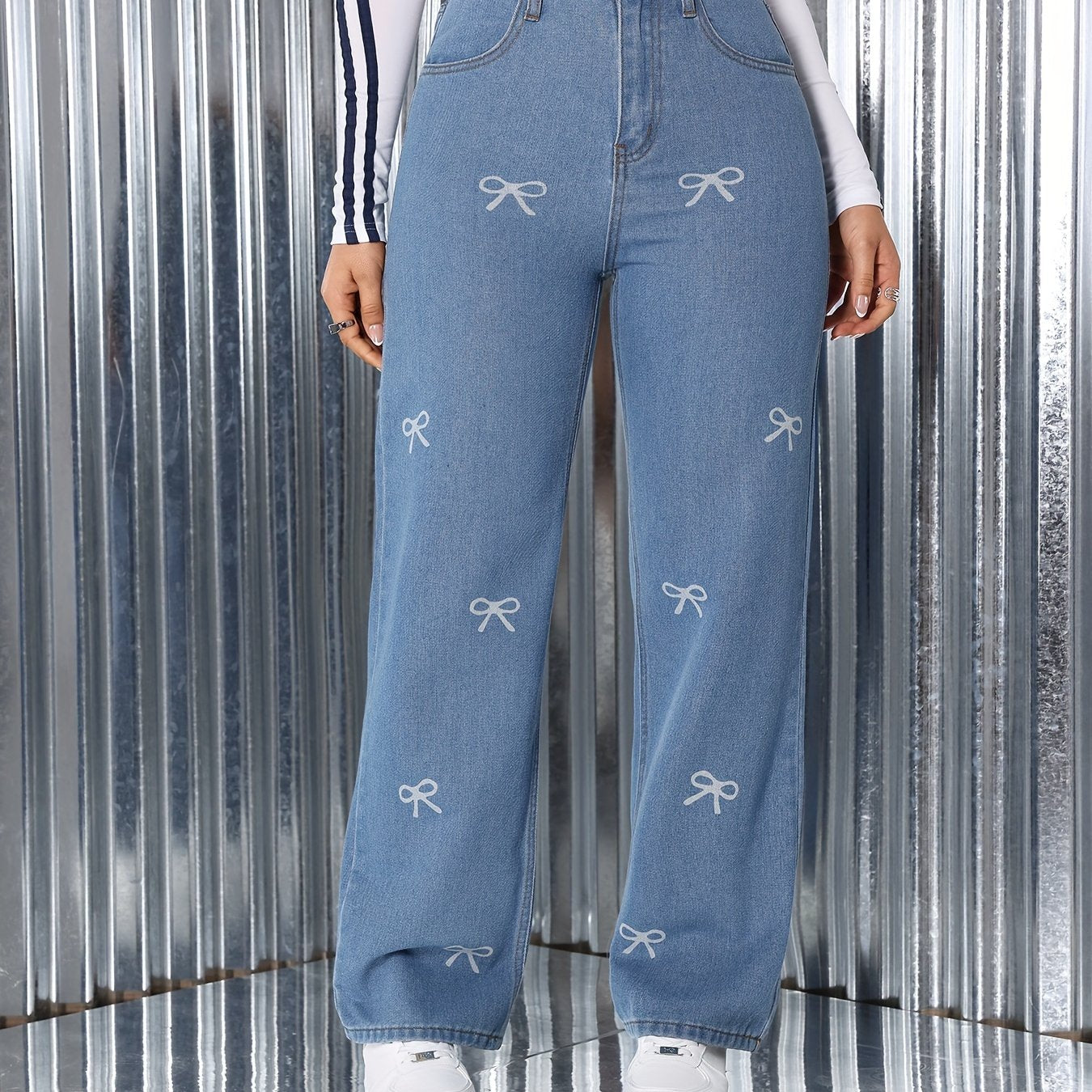 Jeans Femme Jambe Droite Décontracté Denim Avec Nœud Confortable