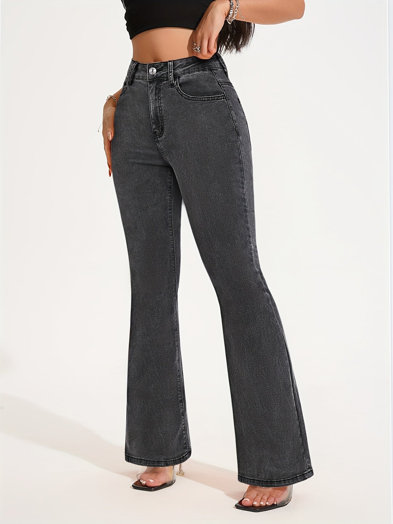 Jean évasé taille haute en denim stretch pour femme - Pantalon élégant gris délavé à jambes évasées avec fermeture à boutons, confortable en toute saison, jean taille haute