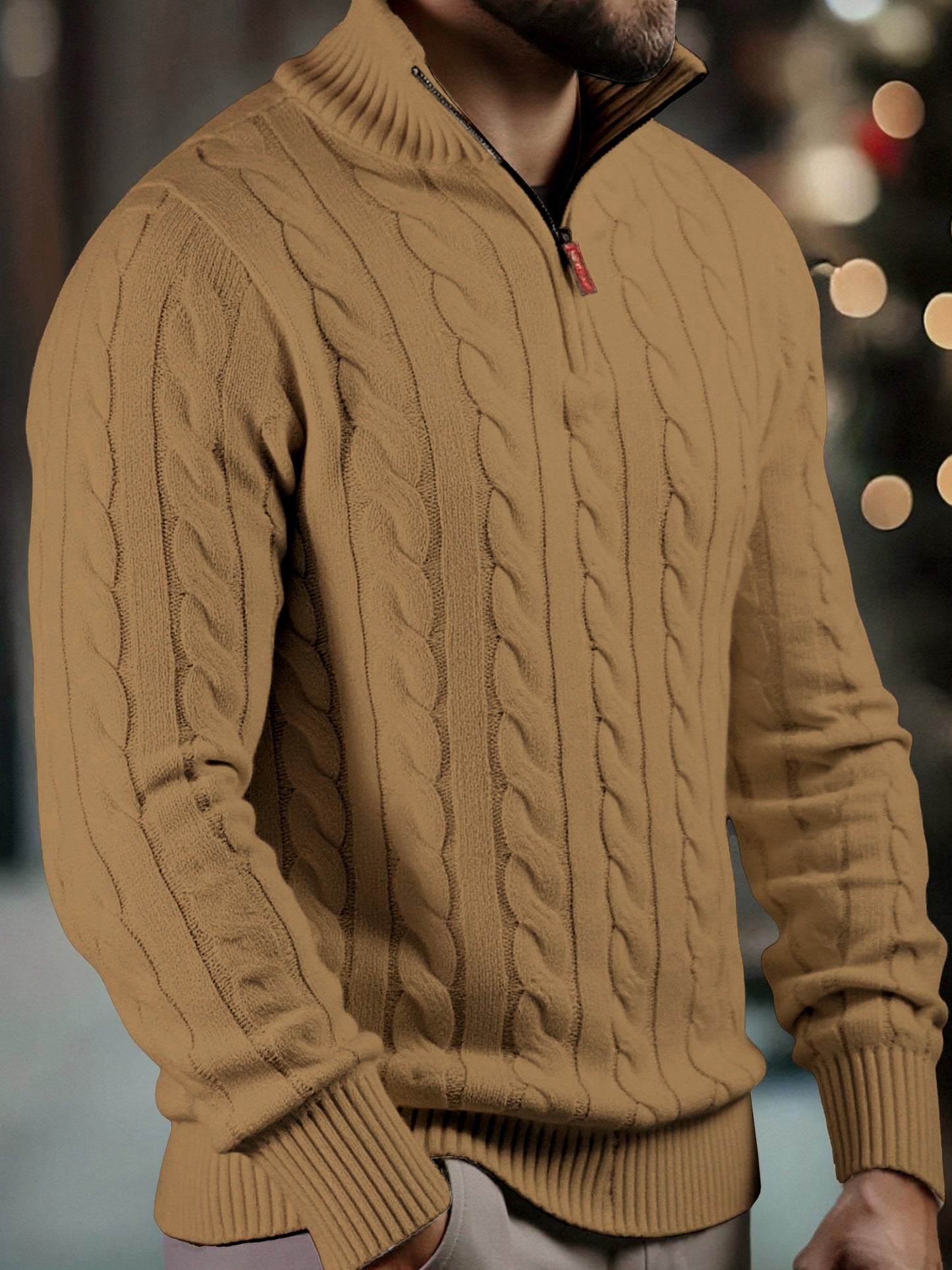 Men's Solid Color Zippered -Knit Sweater - Winter Warm High Neck Pullover, Soft Stretch Knitwear Suitable for Office, Date Night & Casual Wear - Ideal Gift for Fall/Winter