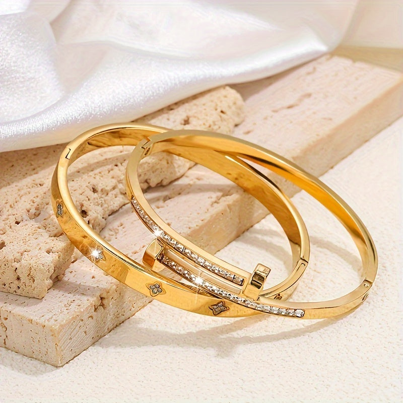 Lot de 2 Bracelets Vintage en Acier Inoxydable – Design Unique, Tendance et Polyvalent, Unisexe, Idéal Quotidien, Voyage, Mariage ou Fête, Avec Strass, Style Original, Plaqué