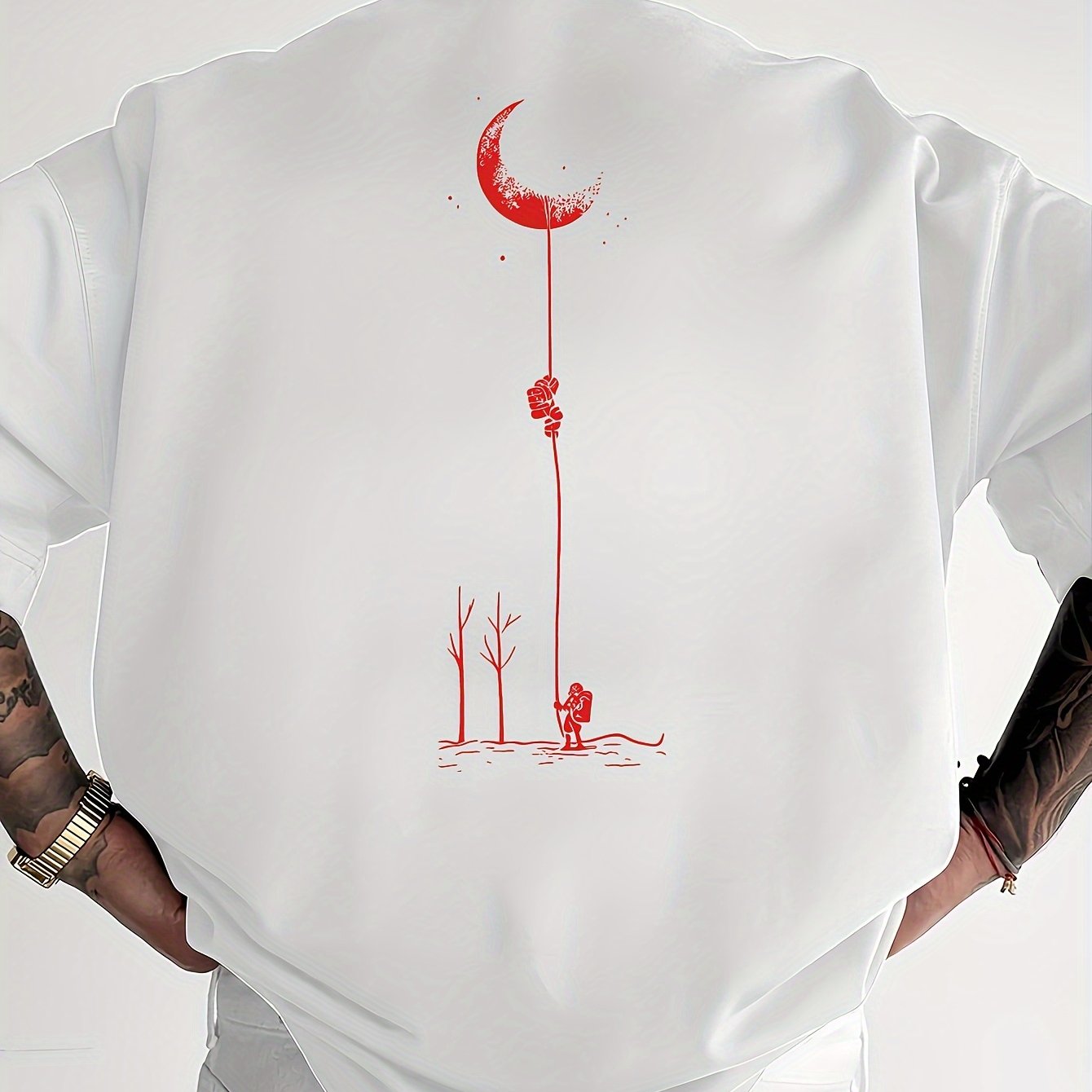 Moon and Trees Design Front & Back Graphic Crew Neck Cotton Summer Fashion Short Sleeve Casual Daily Style Top with Unique Geometric Pattern, Suitable for Spring/Summer Outdoor Activities