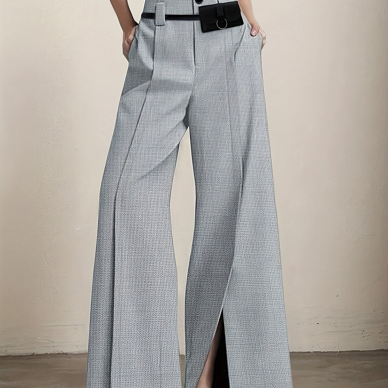 Pantalon Femme Élégant Jambe Large – Polyester, Couleur Unie, Fente Avant et Poches, Fermeture Zippée, Confortable, Automne/Hiver