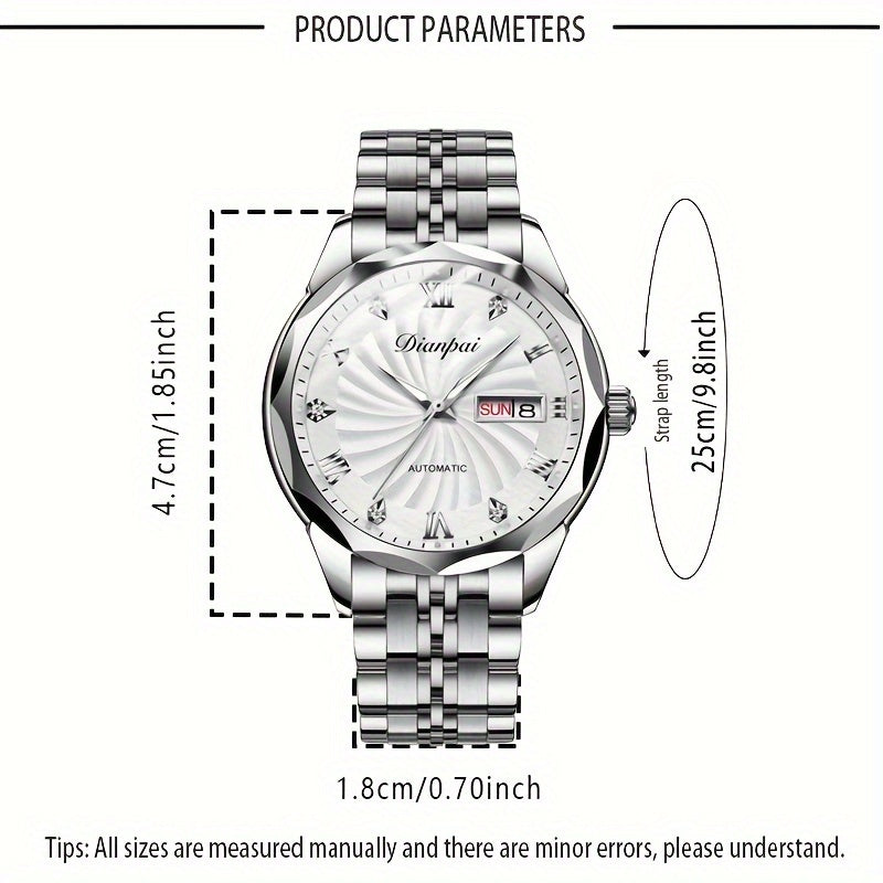 Men'S Business Automatic Mechanical Watch with Stainless Steel Strap, Week Calendar Display & Night Light - Self-Winding Mechanical Movement, Without Battery