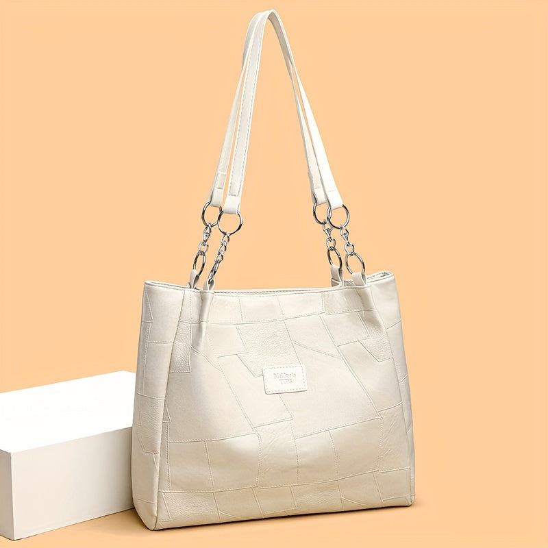 Sac Cabas Femme Élégant – Grande Capacité, Cuir Synthétique Léger, Sac à Main avec Bandoulière Fixe et Fermeture Éclair, Cuir Synthétique à Motif Quadrillé, Idéal pour Travail, Voyage et Déplacements Quotidiens