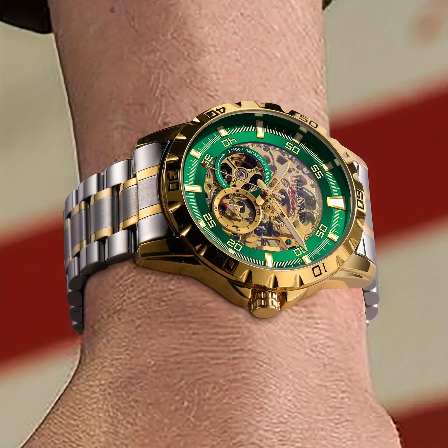 Men'S Automatic Watch with Flying Tourbillon Rotating Skeleton Mechanism - Stainless Steel Strap, Golden-Tone Dial, Mechanical Self-Winding Movement, Without Battery, Casual Style, Pointer Display