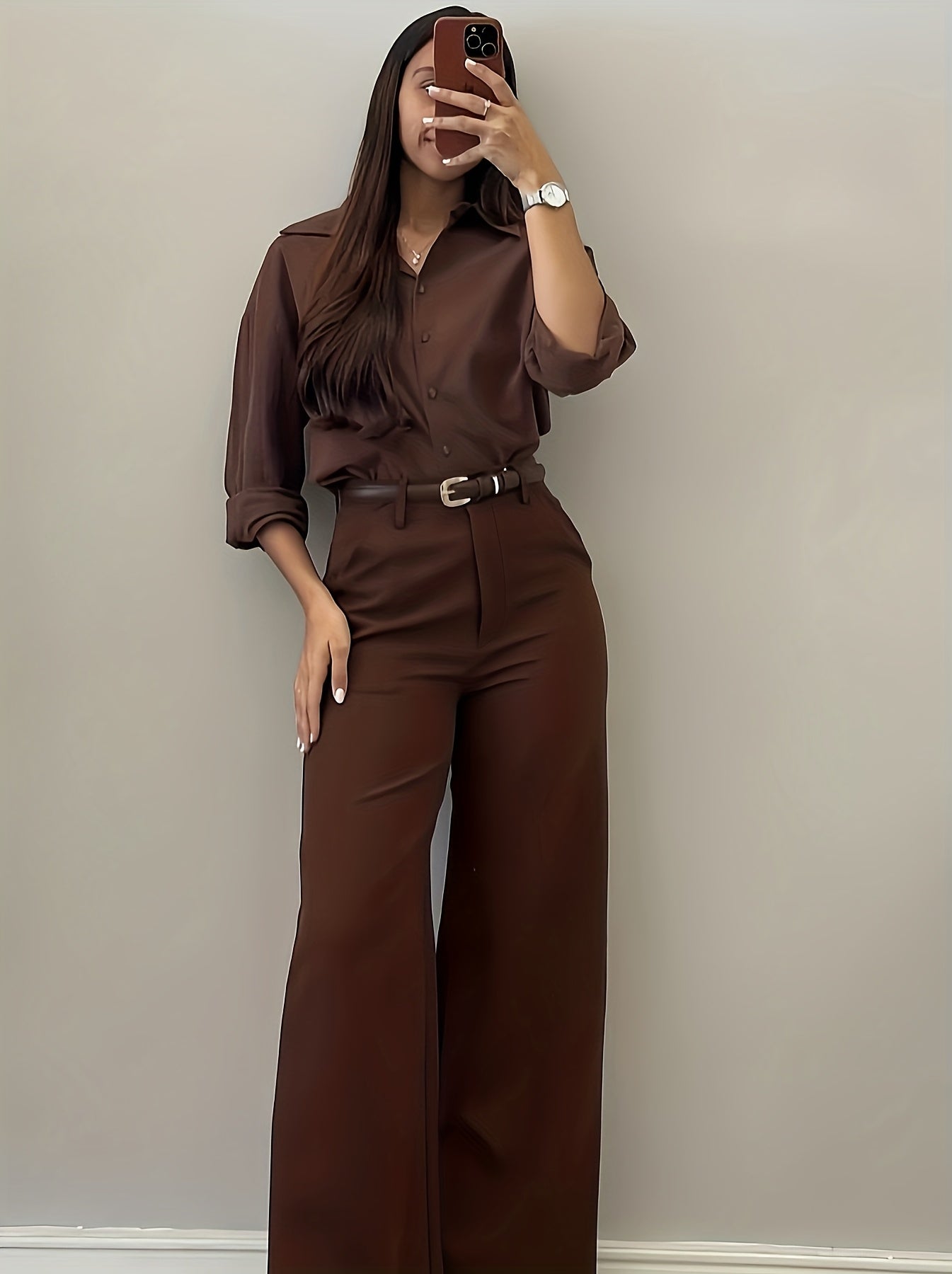 Pantalon Femme Élégant Jambe Large Effilée – Couleur Unie Marron/Noir, Poches, Bureau, Semi-Formel et Soirée, Printemps/Été/Automne