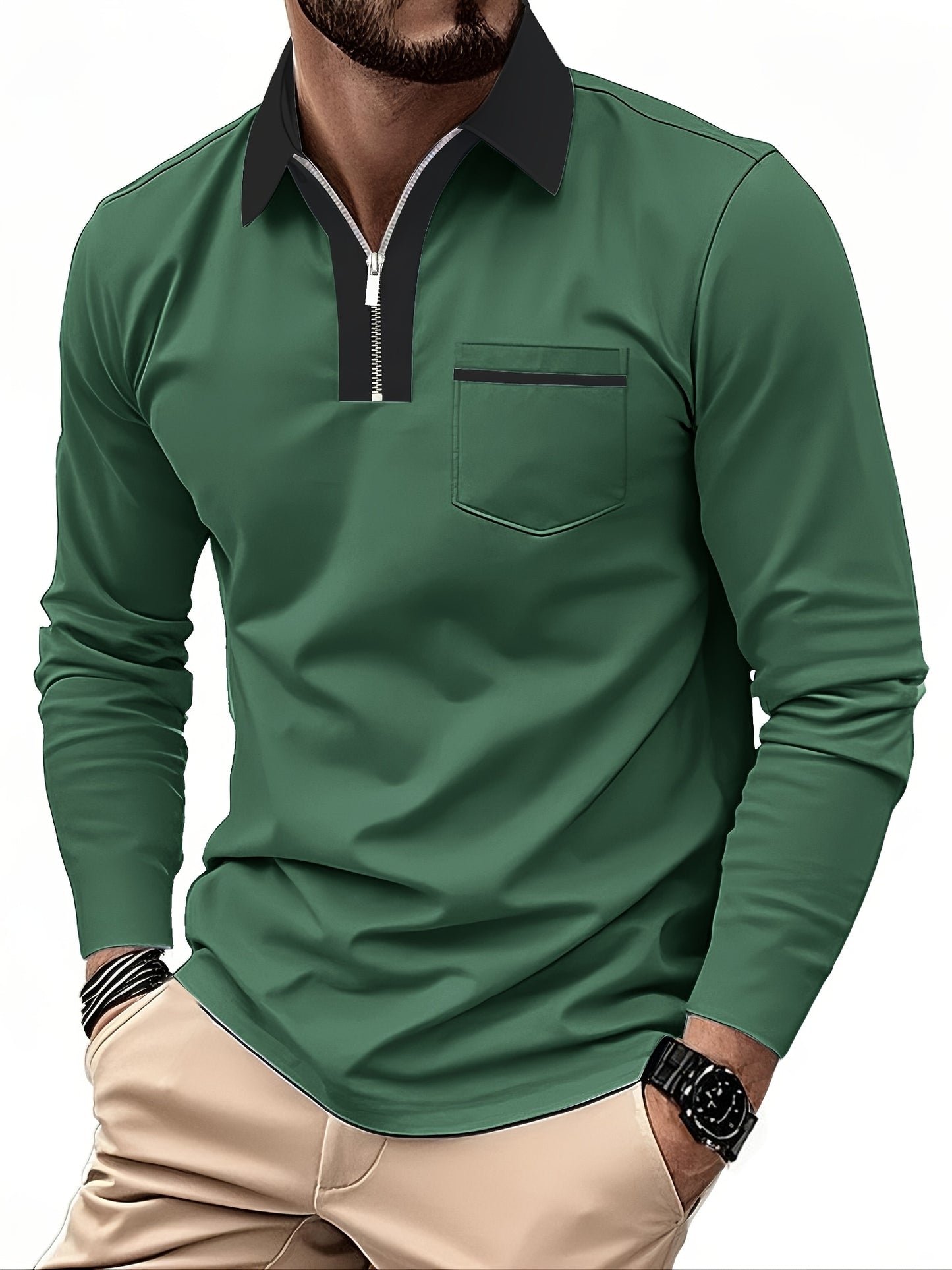 Men'S Light Blue Long Sleeve Polo Shirt with Zipper Collar & Chest Pocket - Casual Button-Up Shirt for Spring/Fall, Regular Fit, Solid Color, Spring Fall Apparel | Zipper Collar Shirt | Slight Stretch Fabric