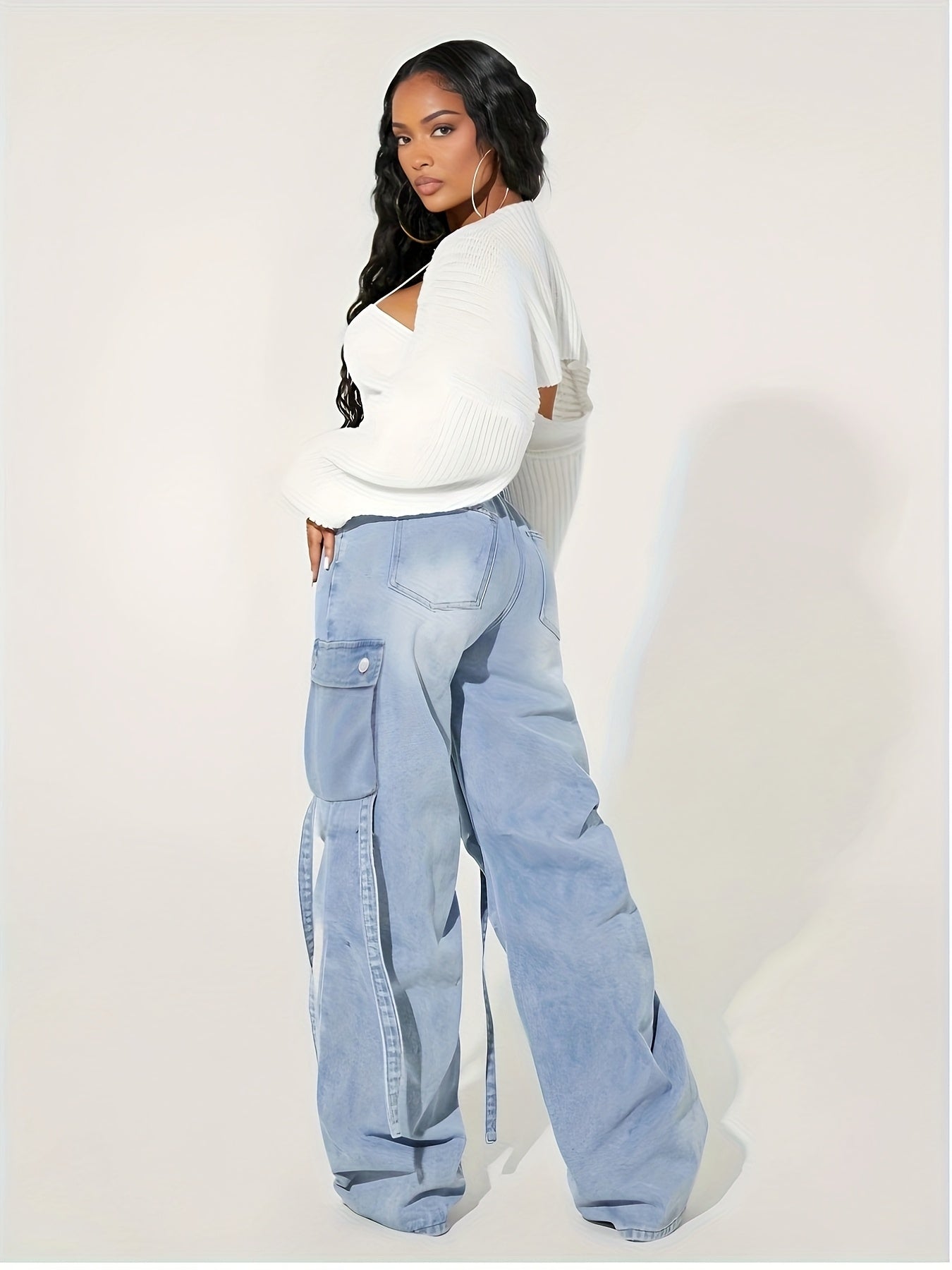 Jeans Cargo Femme Taille Haute – Jambe Large, Extensible, Multiples Poches, Bleu Denim, Style Y2K Streetwear