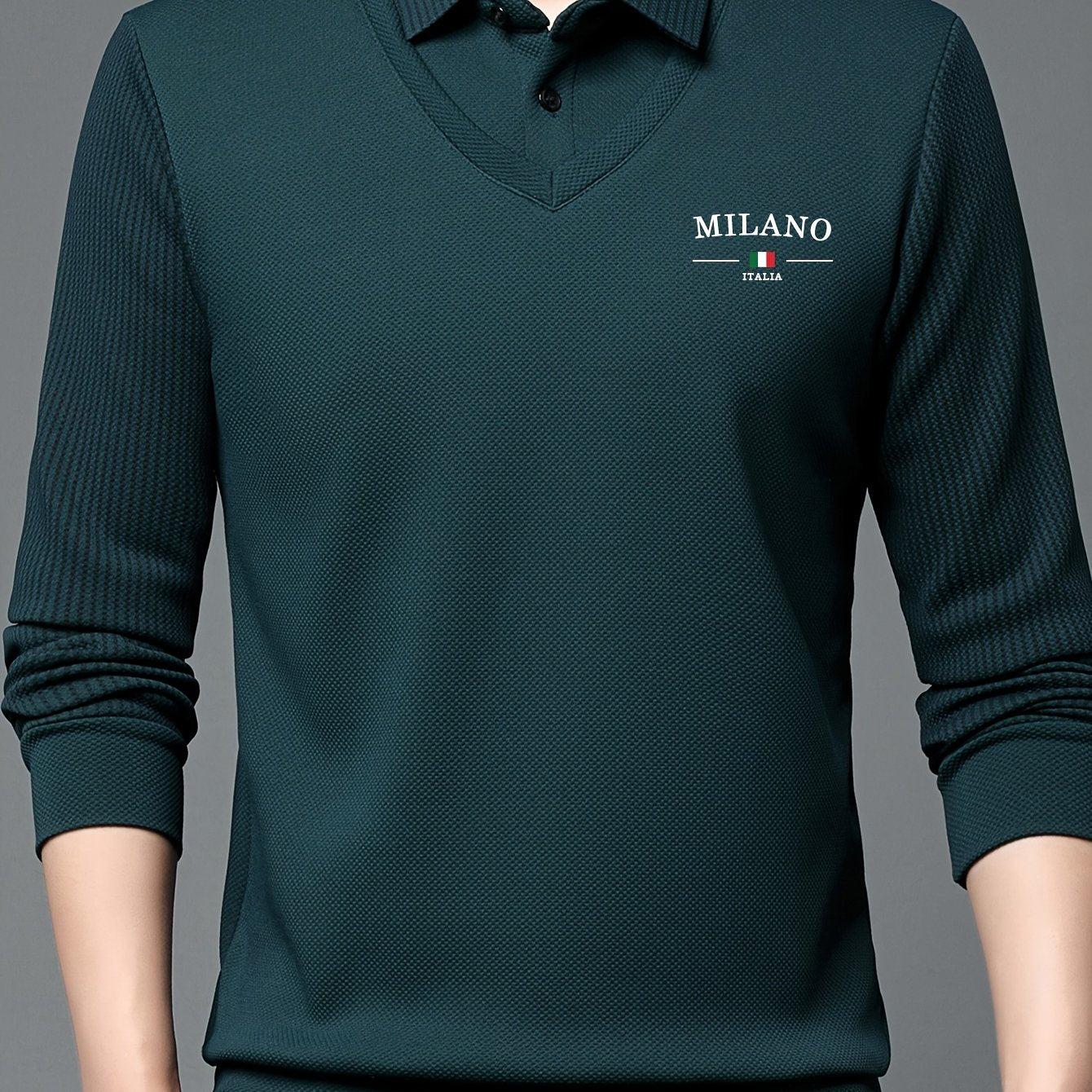 Men's All-Season Long Sleeve Shirt - Dark Green with White Contrast Collar &, Italian-Inspired Logo (Milano Italy Flag), Button-Front Placket, Casual to Smart-Casual Wear, Versatile for, Office & Everyday - Regular Fit