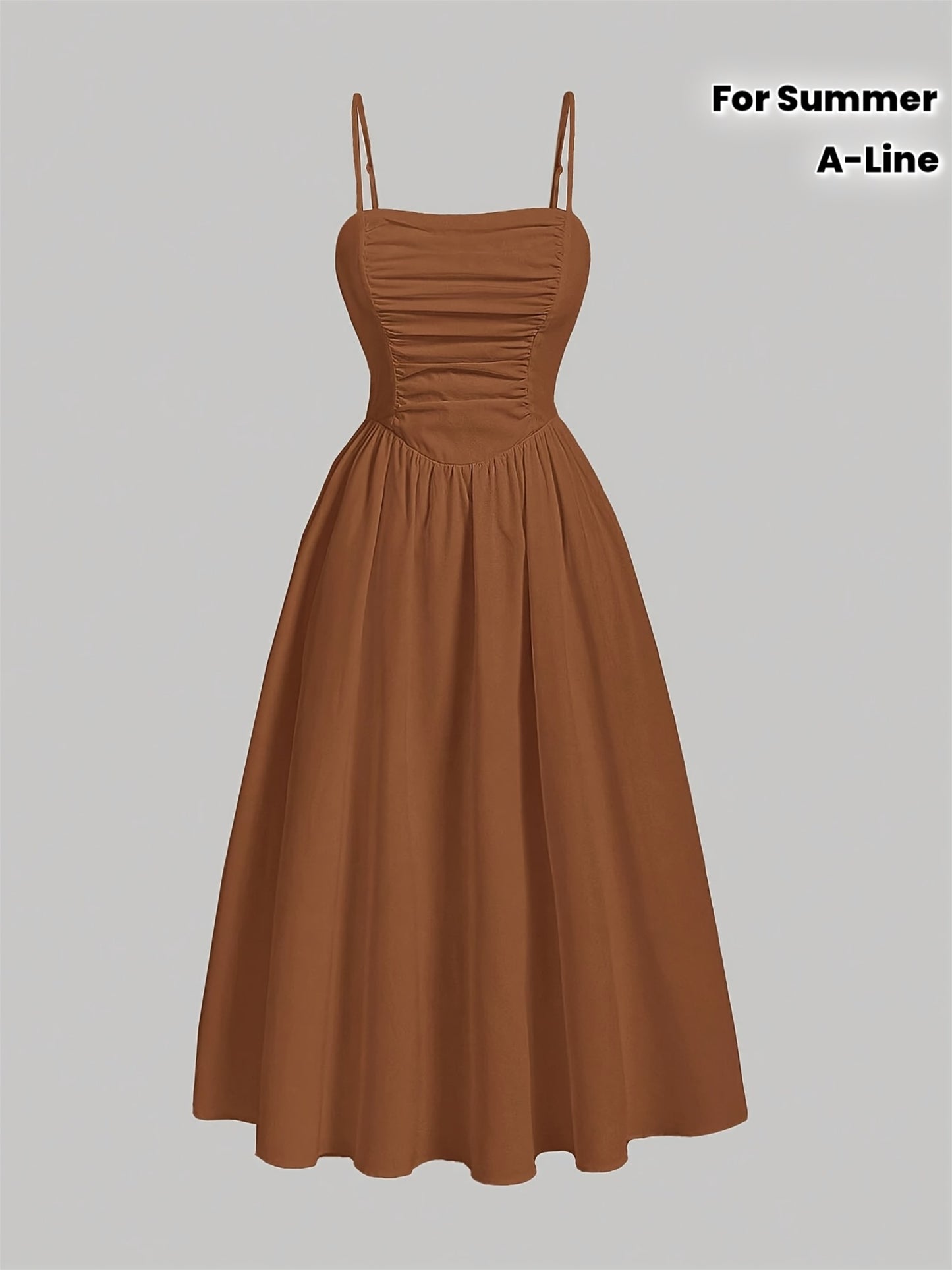 Robe Midi Femme Élégante – Coupe A-Line Marron, Bretelles Fines Ajustables, Taille Cintrée, Sans Manches, Épaules Dévoilées, Idéale Printemps/Été