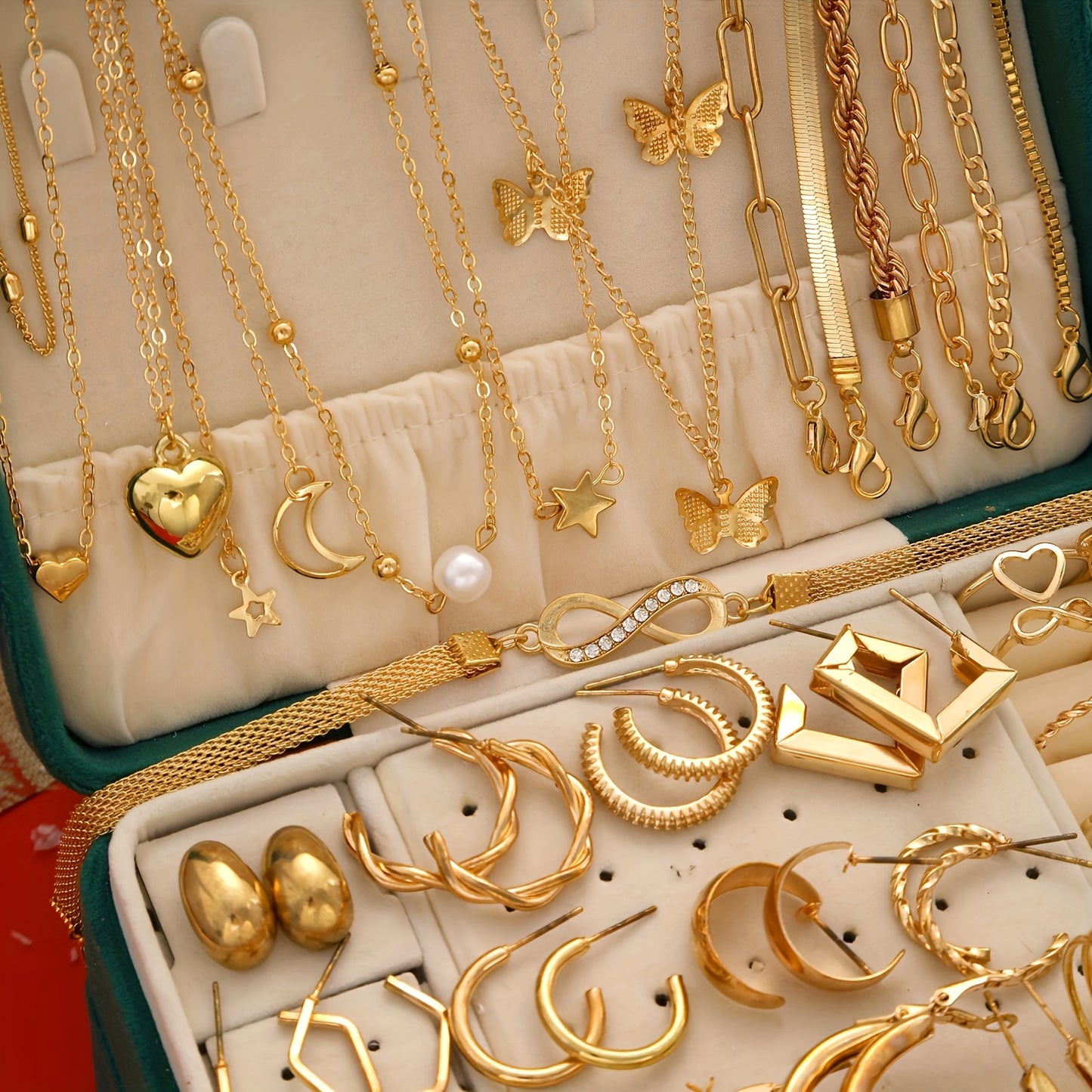 Ensemble de 58 pièces de bijoux femme, collier cœur et papillon, boucles d’oreilles, bracelet et bague avec zirconia synthétique et perles, thème Noël, élégant et polyvalent