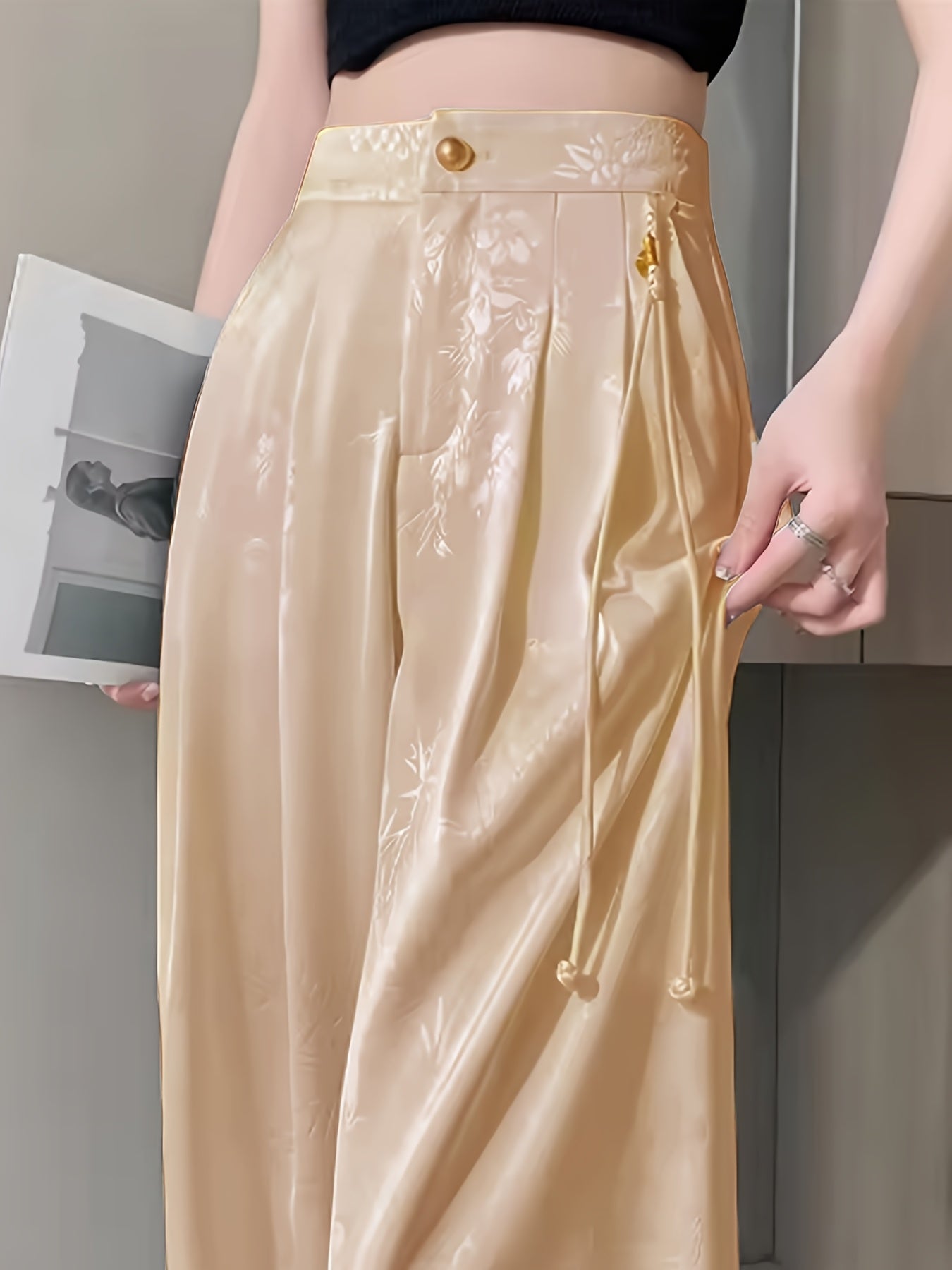 Pantalon Femme Élégant Jambe Large – Noir Uni avec Imprimé Nuages Chinois Blancs, Ourlet Asymétrique, Bureau et Événements Formels, Inspiré Asiatique