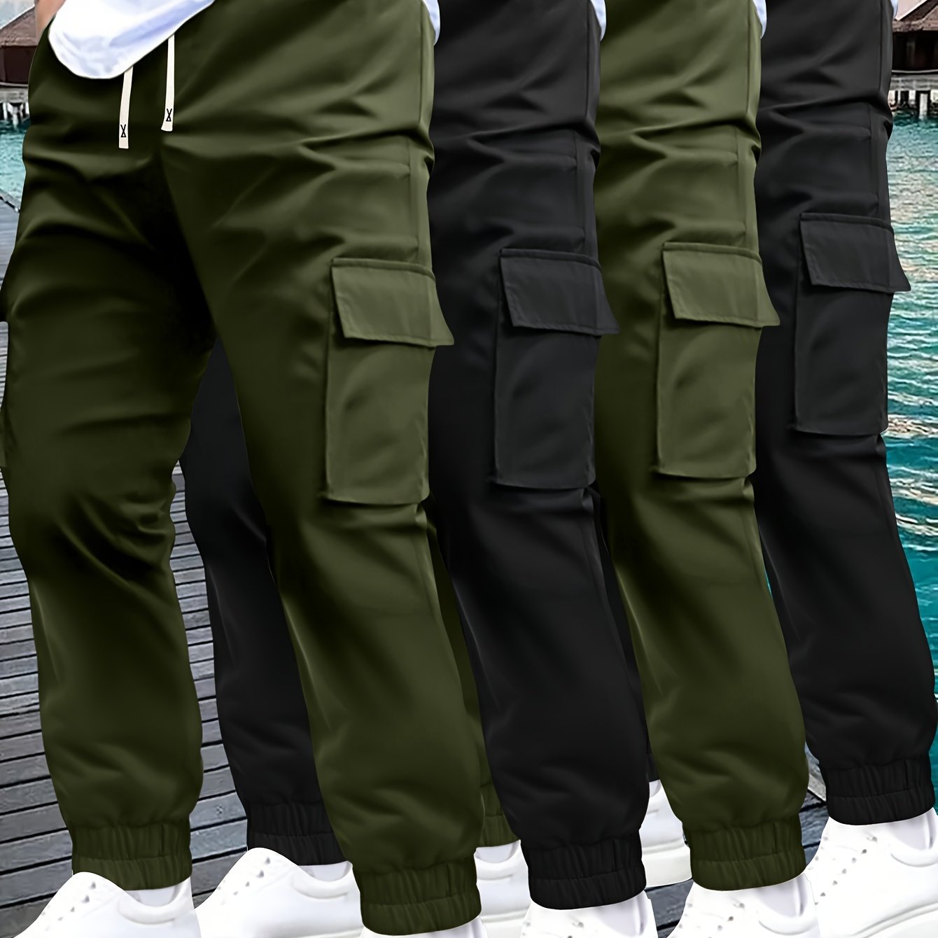 4pcs Pantalons Cargo Homme – Cordon Ajustable, Multipoches, Confort, Tout Saison