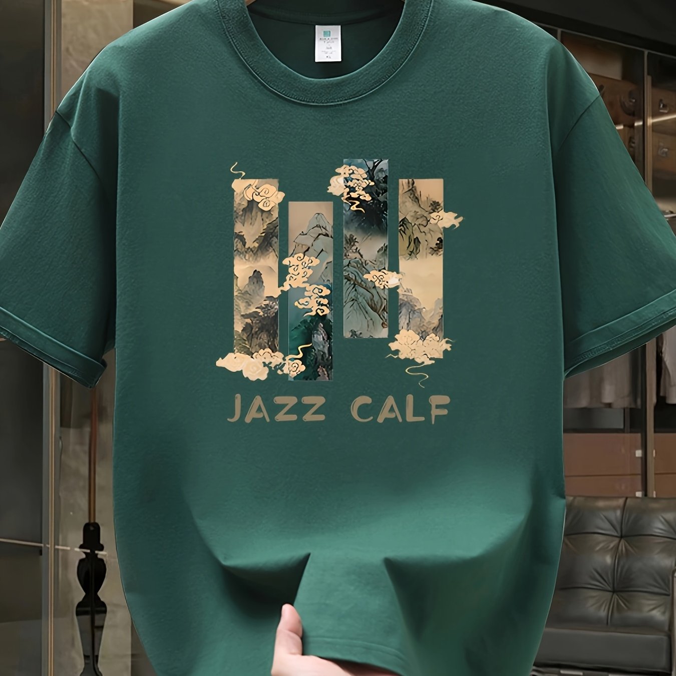 Men's Heavyweight 100% Cotton Oversized T-Shirt with Jazz Calf Graphic Print - White Summer Casual Round Neck Short Sleeve Tee, Large Size Breathable Fabric for Casual Attire & Jazz-Themed Events, Machine Washable Youthful St