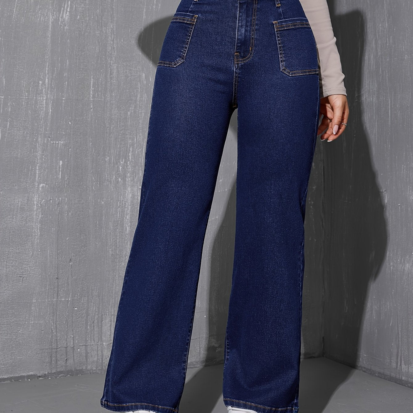 Jeans Femme Jambe Droite Décontracté Taille Élastique Poches Denim Extensible Couleur Unie Longue Printemps Automne Polyvalent