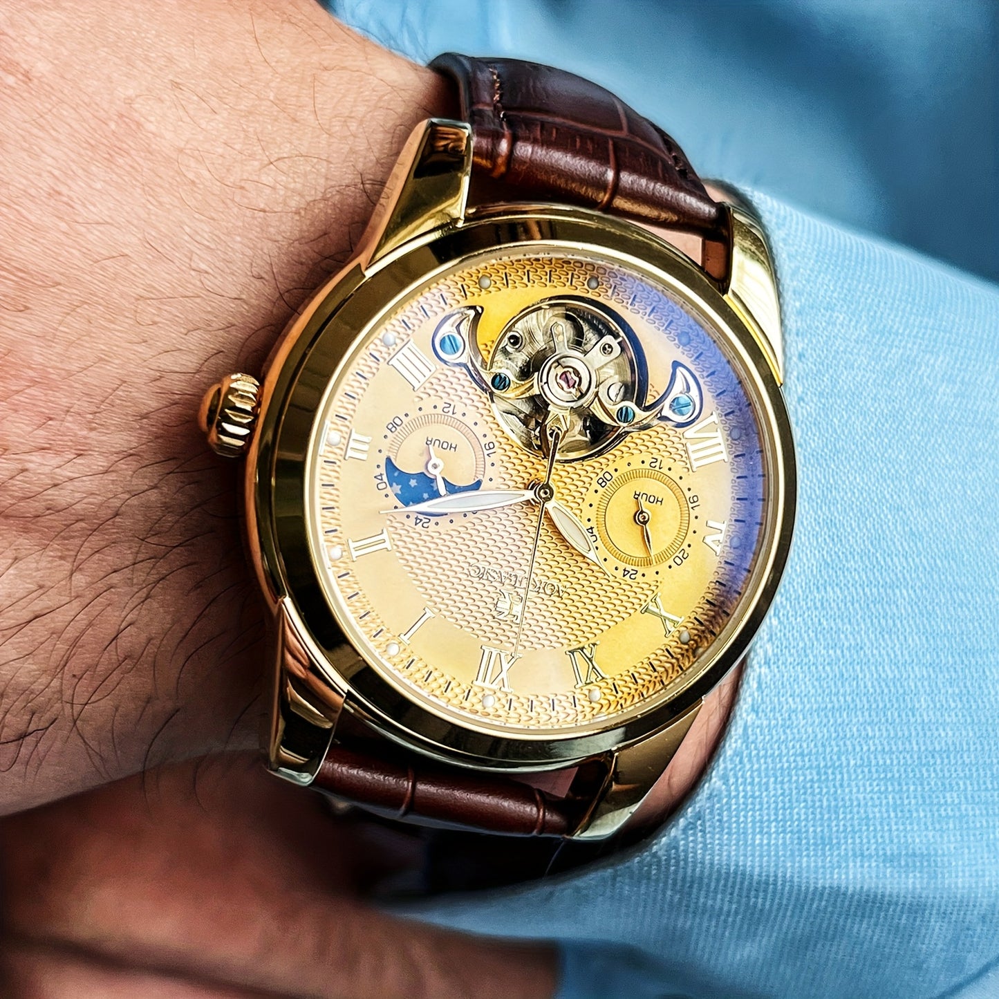 Luxury Automatic Mechanical Watch for Men - Fashionable and Versatile Casual Style - Light Luxury High-end Sun, Moon, Stars 24-Hour Function - Automatic Winding Luminous Hands - Business Demeanor Style - Gift for V