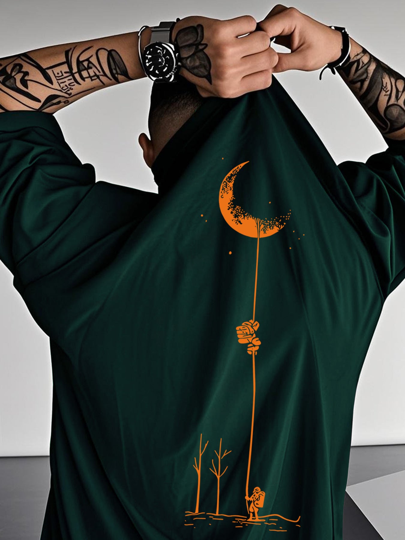 Moon and Trees Design Front & Back Graphic Crew Neck Cotton Summer Fashion Short Sleeve Casual Daily Style Top with Unique Geometric Pattern, Suitable for Spring/Summer Outdoor Activities