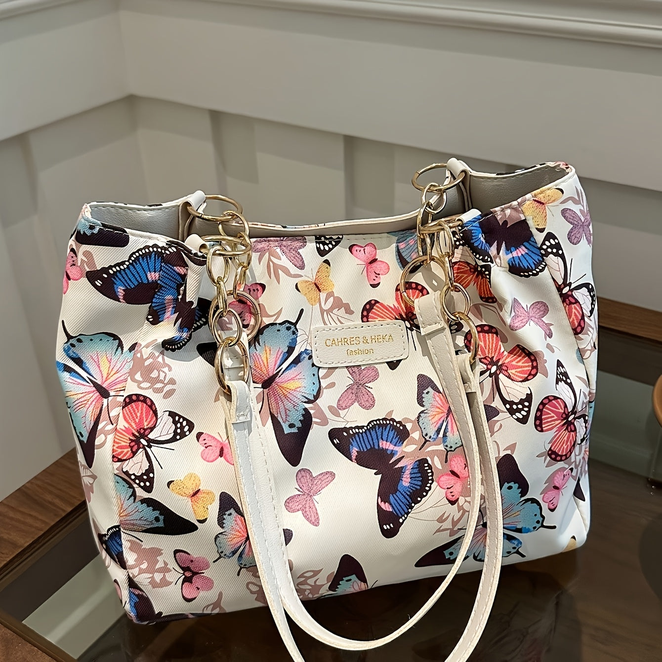 Sac Cabas en Toile Chic à Motif Floral et Papillon pour Femmes – Grande Capacité, Fermeture Éclair, Idéal pour Usage Quotidien et Déplacements – Cadeau Stylé pour Elle