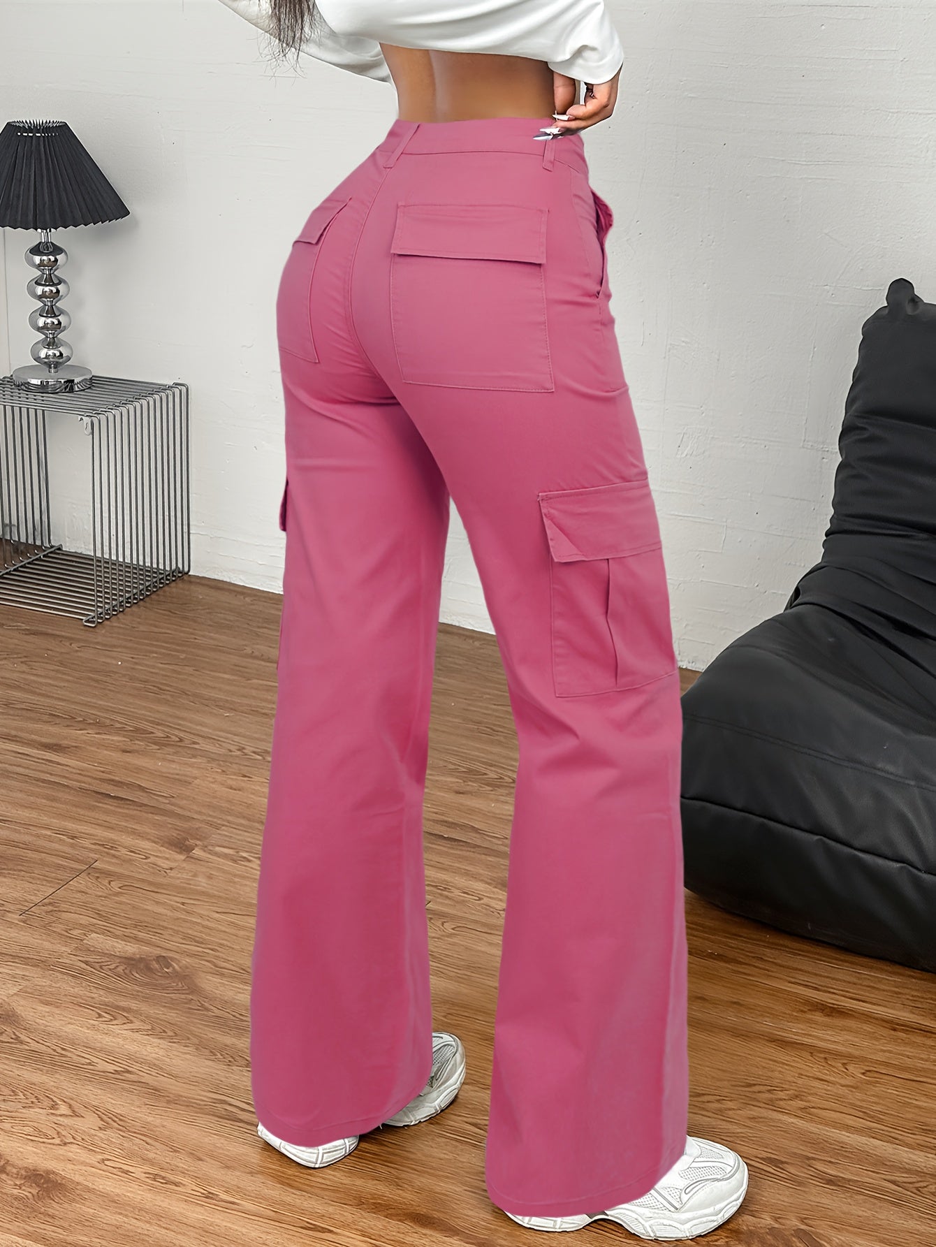 Jeans Cargo Femme – Taille Haute, Beige, Poches Multiples, Jambe Droite, Style Streetwear Hip-Hop