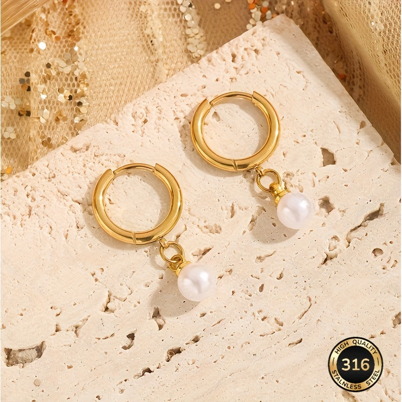 Boucles d’oreilles rétro françaises – pendentif perle imitation, acier inoxydable, hypoallergénique et anti-décoloration, confortables, couleur beige clair, adaptées au quotidien, mariages, Saint-Valentin, cadeau pour femme