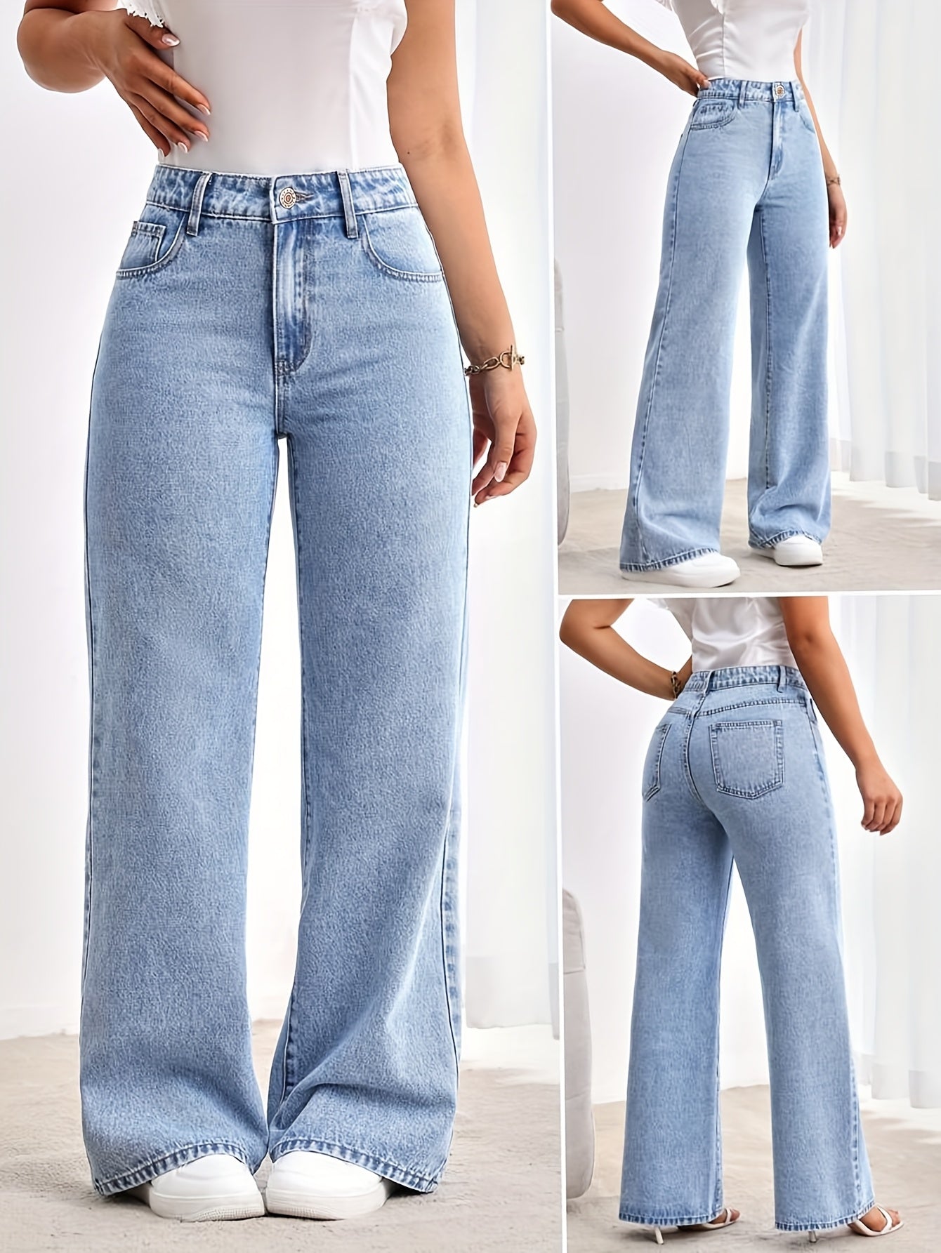 Jeans Femme Taille Haute Extensible Jambe Large Bleu Clair Coupe Ample Décontracté Toute Saison Confortable Effet Usé