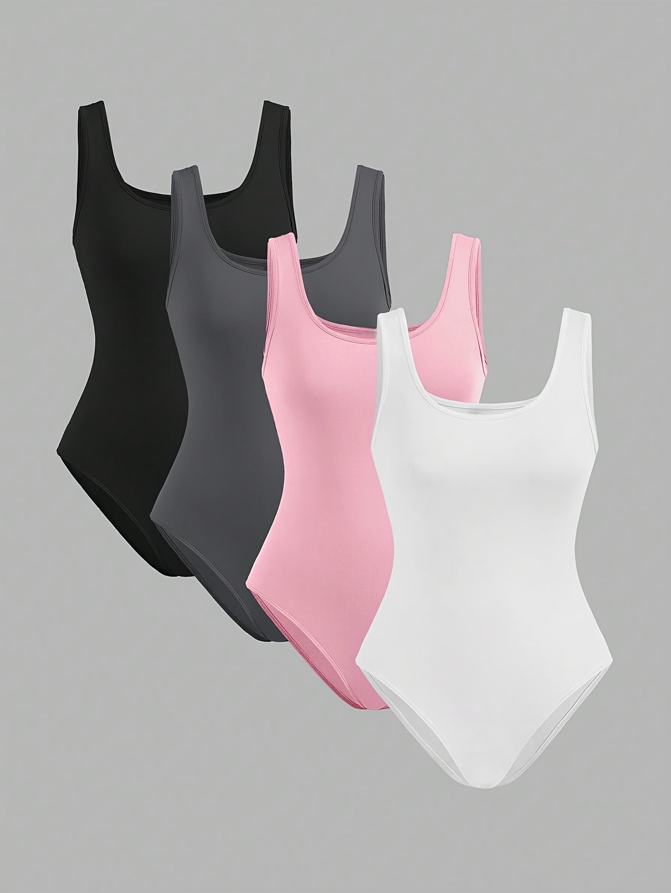 Lot de 4 bodys unis pour femme, style débardeur sans manches. Design simple et décontracté, parfait pour le printemps et l’été