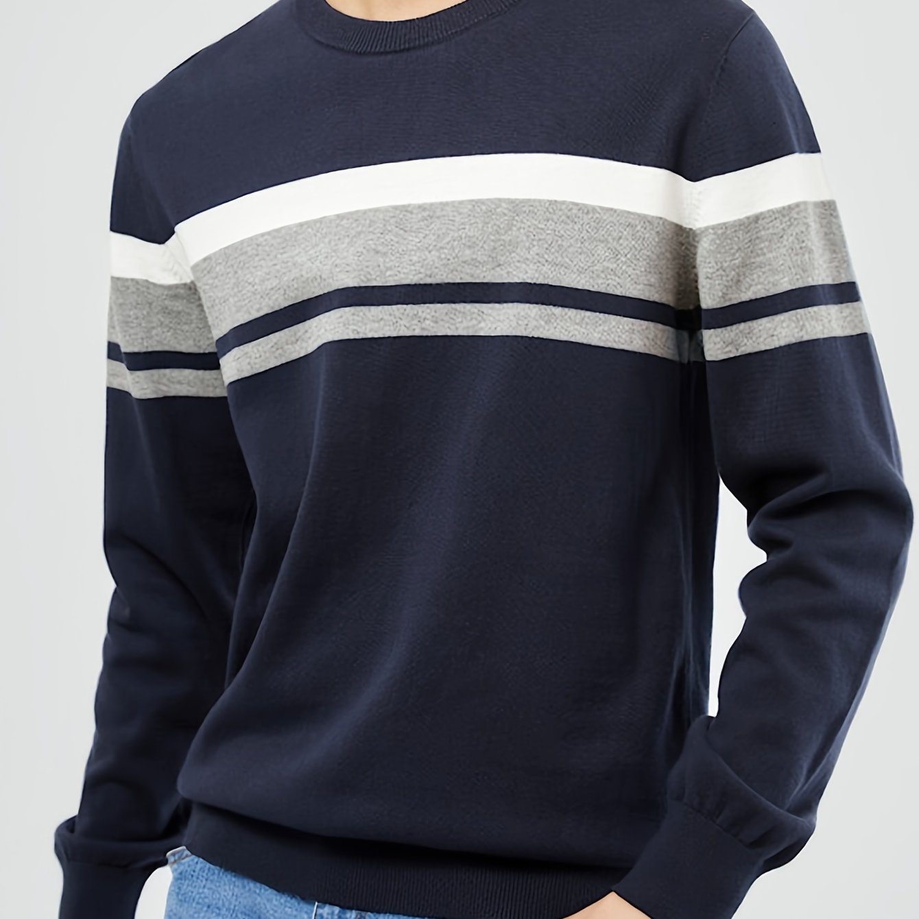 Men's Slim Fit Striped Knit Sweater - Navy Blue & Gray Horizontal Stripes, Medium Stretch Round Neck Pullover for Autumn Winter Casual Wear, Machine Washable