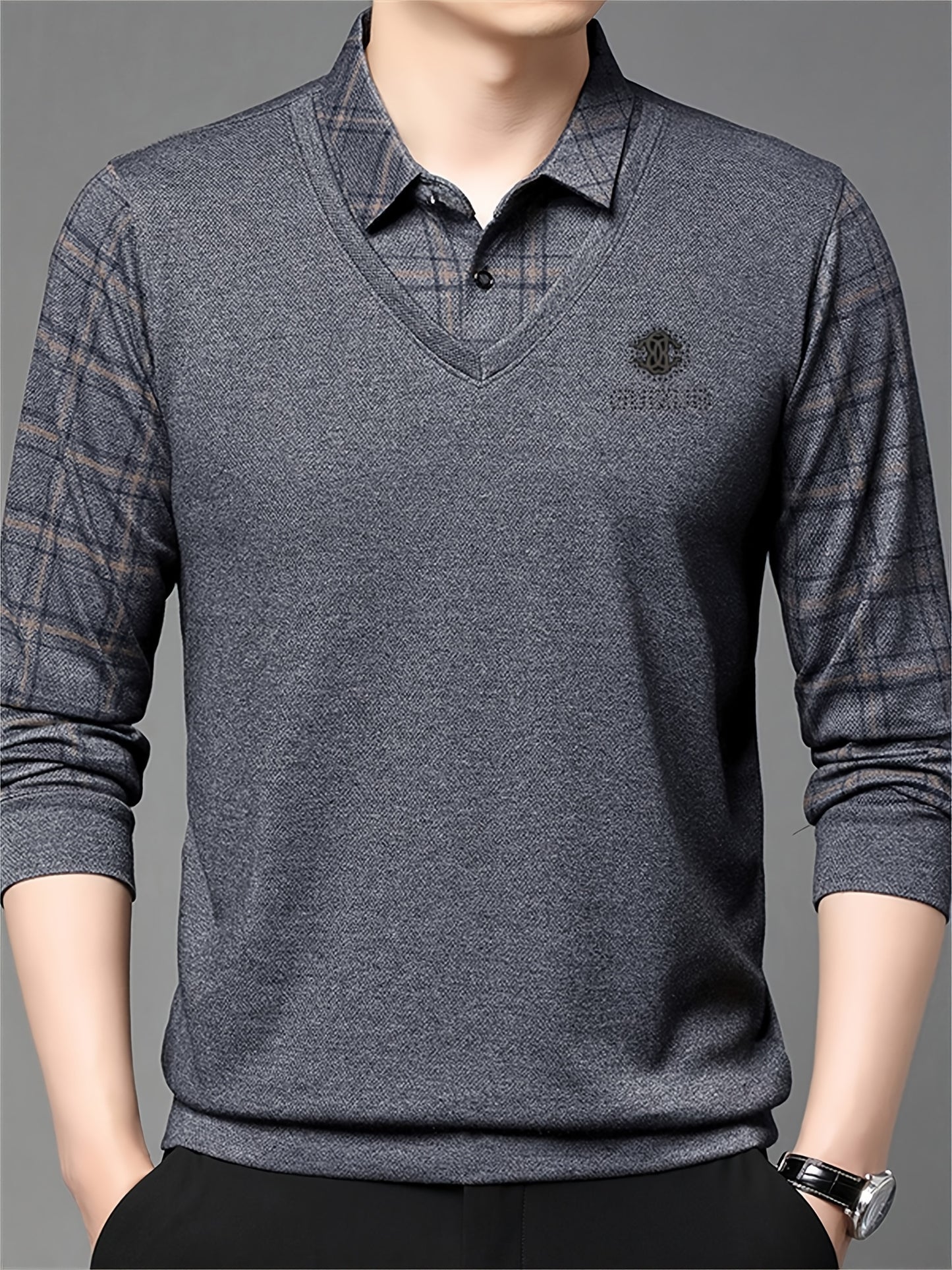New Men'S Long-Sleeve Faux Two-Piece Polo Shirt for Spring And Autumn, Featuring a Checkered Inner Layer, Perfect for Casual Daily Wear And Light Business Attire During The Spring And Autumn Seasons, a Great Gift for Men.