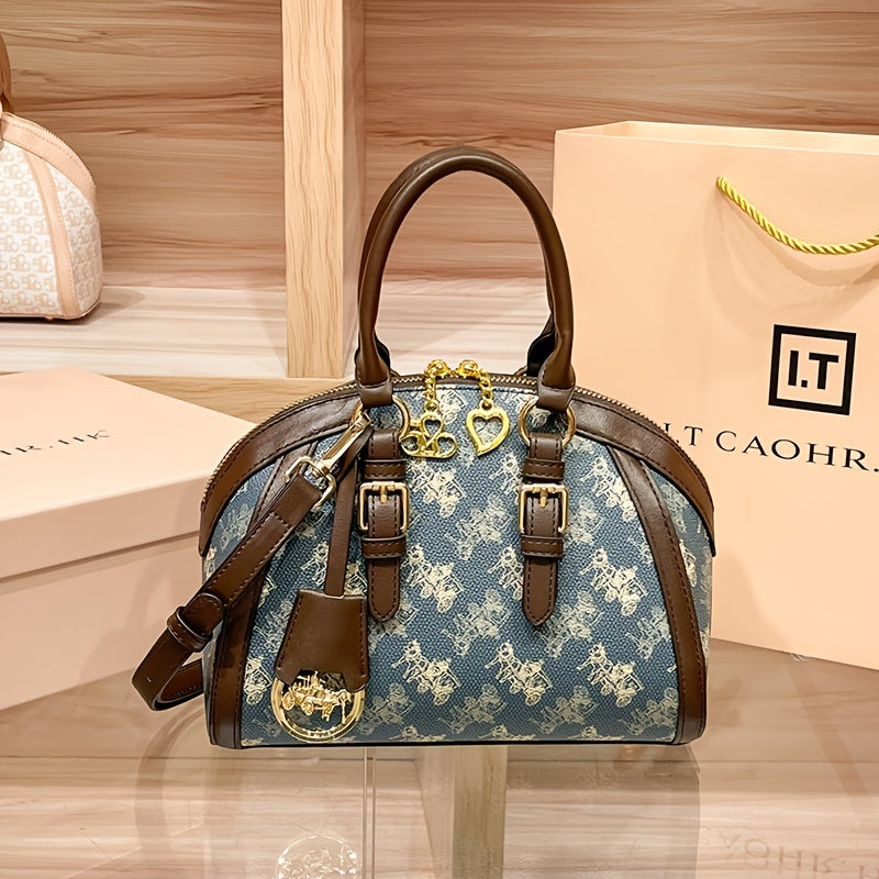 Sac à main vintage à imprimé carrosse pour femme – forme coquillage, bandoulière amovible, motif animal bleu en PVC, doublure polyester, fermeture zippée, élégant cadeau pour maman.