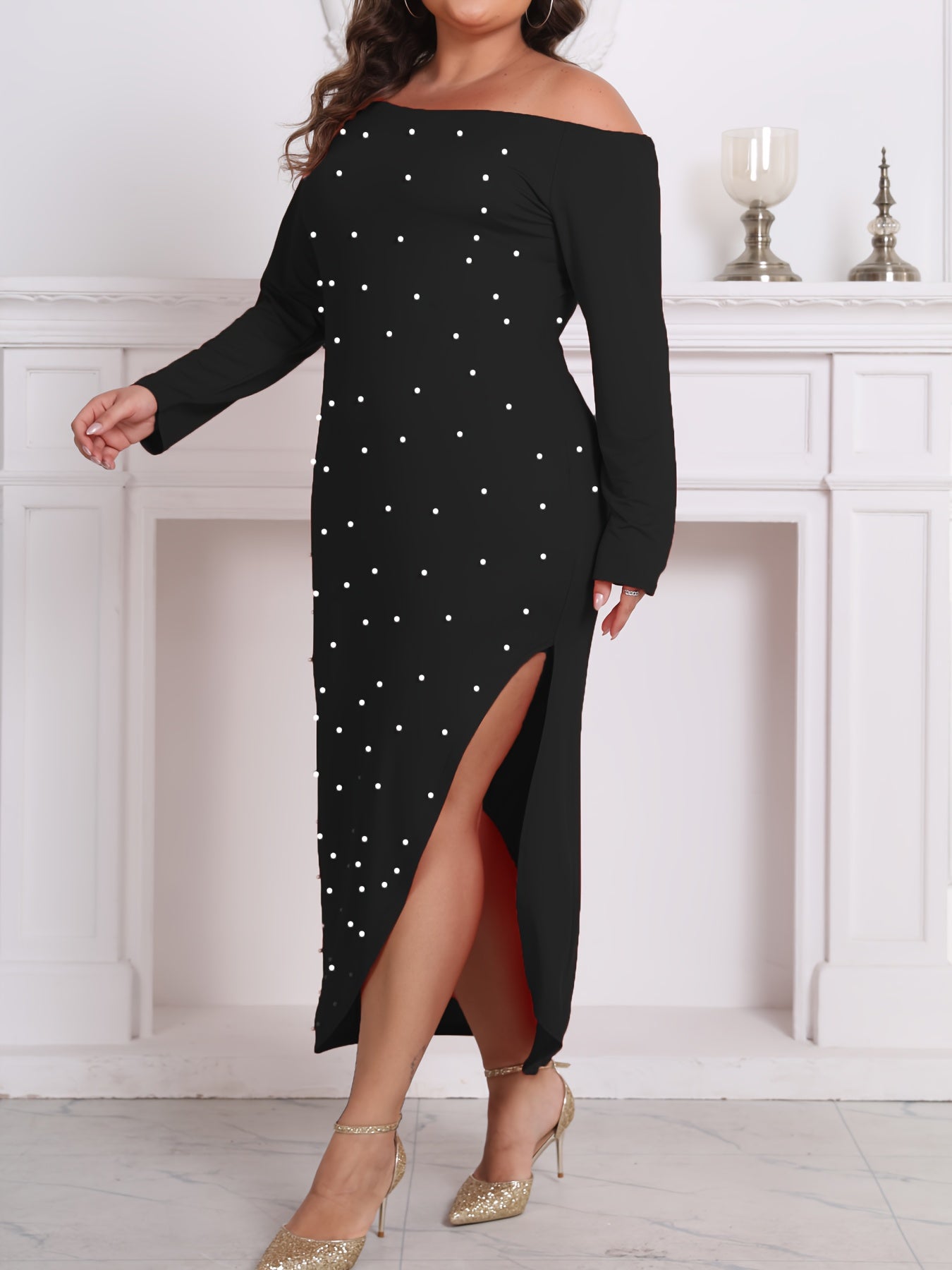 Robe Grande Taille Femme – Élégante, Décoration Perles, Décolleté Une Épaule, Fente sur le Côté