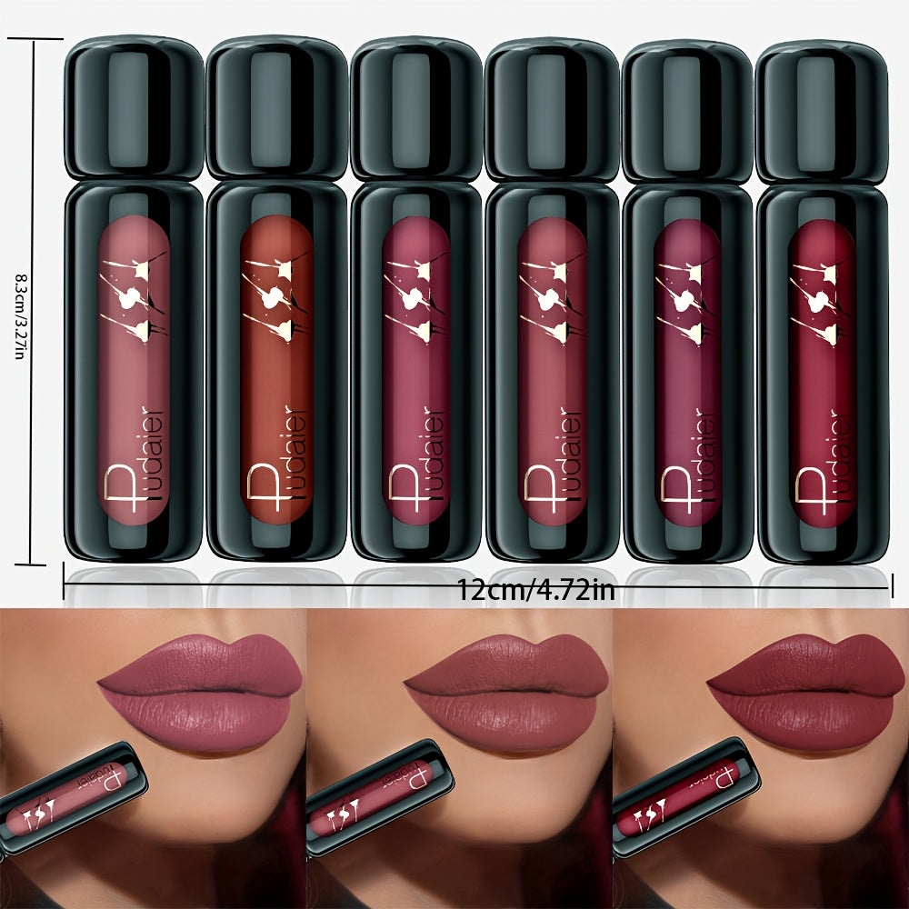 6pcs/set Pudaier Matte Velvet Lip Gloss - Highly Saturated Liquid Lip Mud, Non-Stick Long-Lasting Formula, 6-Shade Mixed Palette with Deep Berry Tones, All Light Beige Tones Compatible.