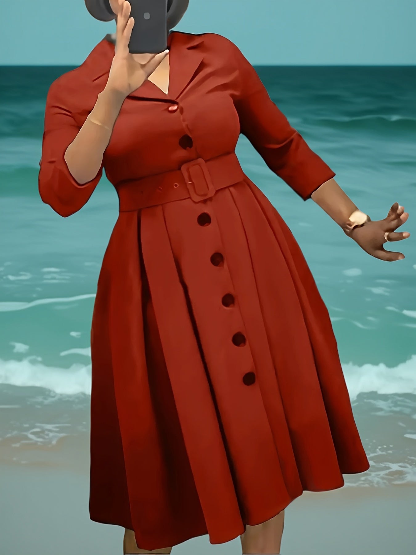 Robe A-Ligne à Boutonnage Simple – Manches 3/4, Col Revers, Ceinturée, Couleur Unie, Idéale Printemps/Automne