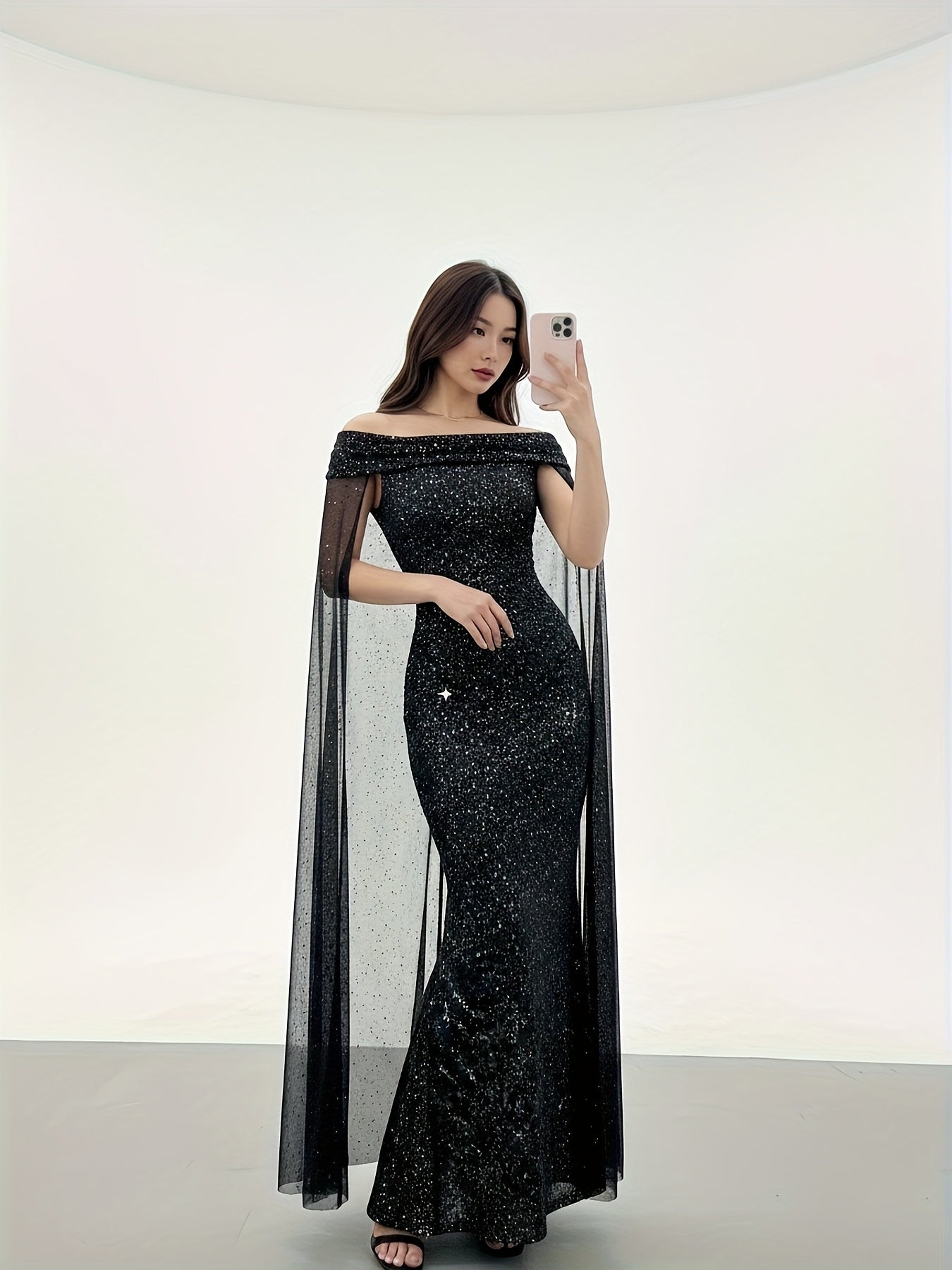 Elegant Off-Shoulder Silver Cape Evening Gown for Women, Long Dress for Autumn (Non-Sequined)
