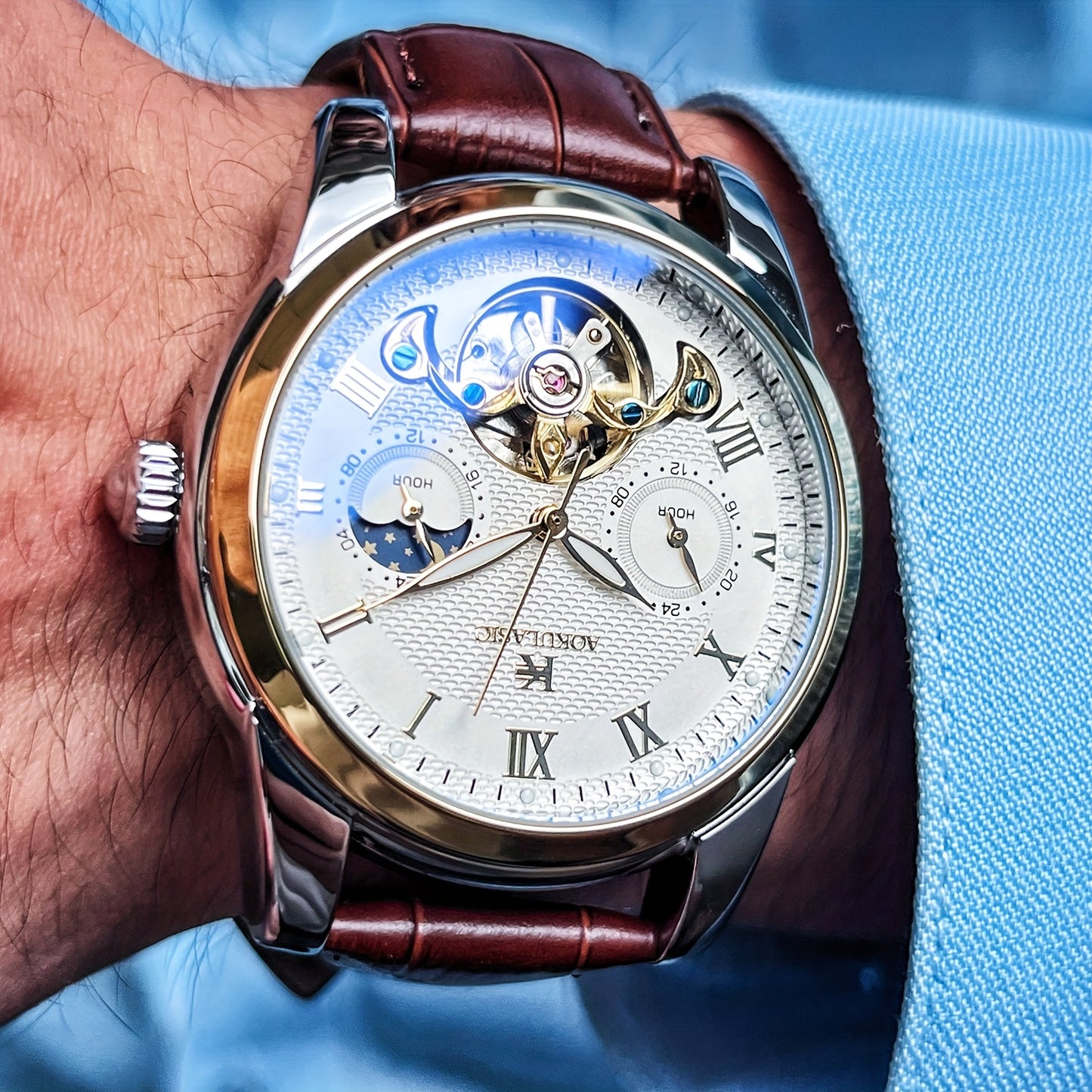 Luxury Automatic Mechanical Watch for Men - Fashionable and Versatile Casual Style - Light Luxury High-end Sun, Moon, Stars 24-Hour Function - Automatic Winding Luminous Hands - Business Demeanor Style - Gift for V