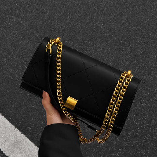 Sac à main synthétique élégant pour femmes – design moderne, bandoulière chaîne réglable, ferrures dorées, noir uni, fermeture boucle dorée, doublure structurée