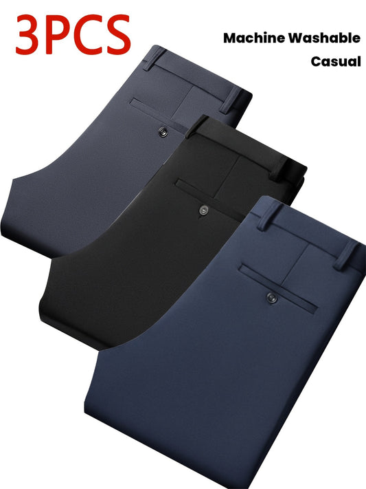 3pcs Men's Slim Fit Stretch Dress Pants - Straight Leg Business Suits, Office & Casual Wear Elastic Fabric for All Seasons (Black) Machine-Washable Professional Attire