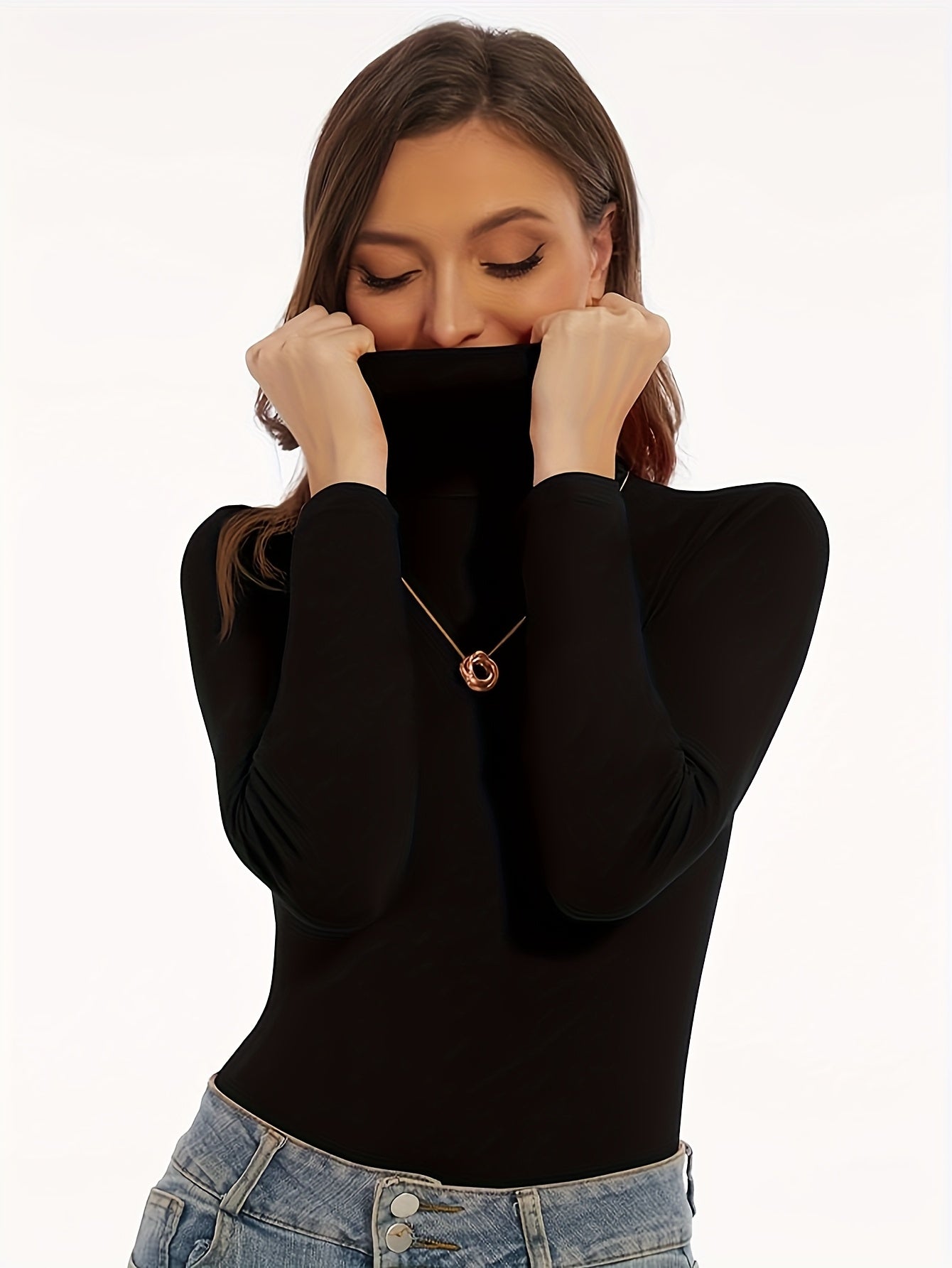 Lot de 2 Tops Femme Col Roulé Thermiques – Manches Longues, Extensibles, Couleur Unie Blanc et Noir