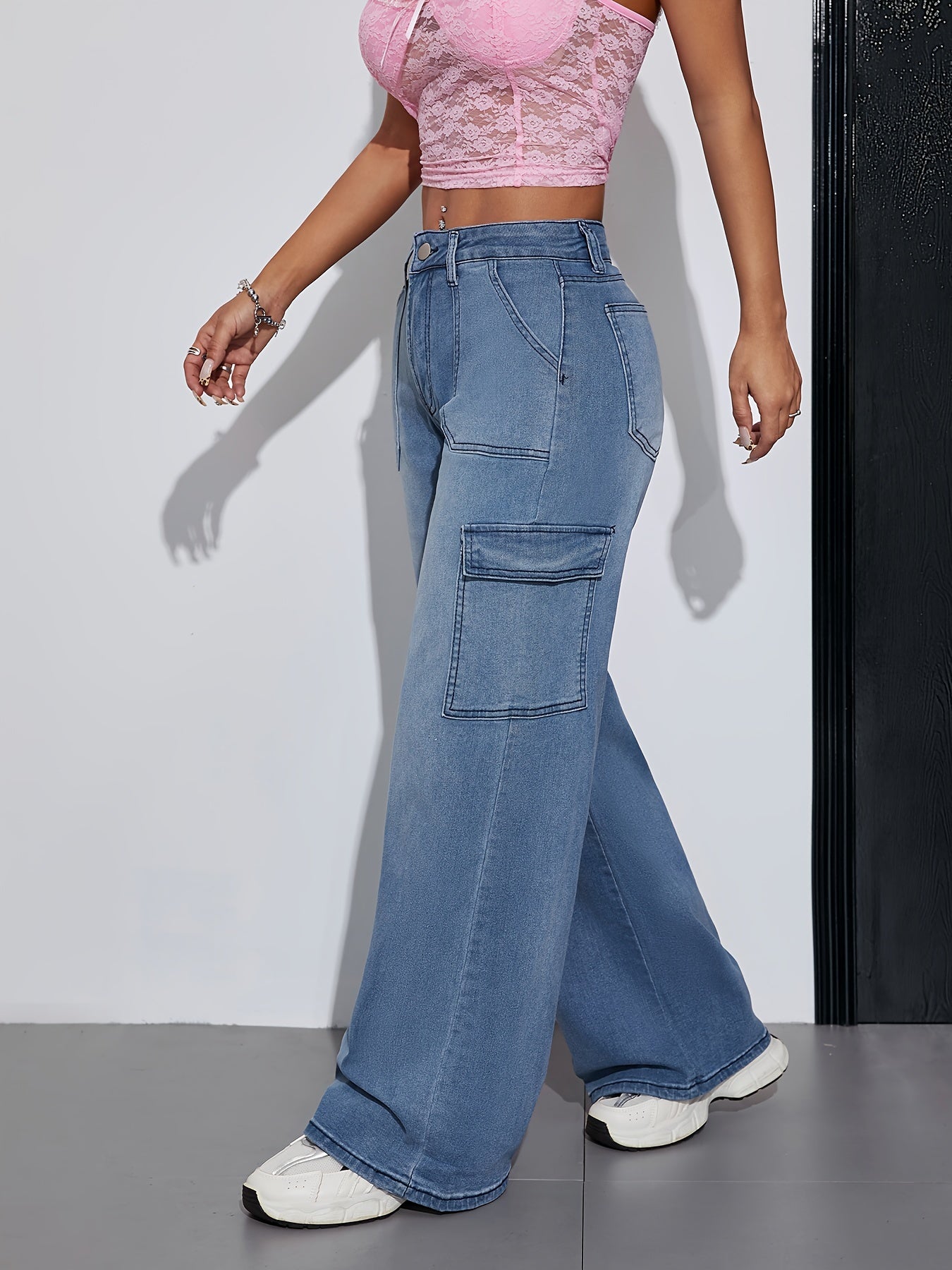 Jeans Cargo Femme Extensible Taille Mi-Haute Couleur Unie Boutons Lavable